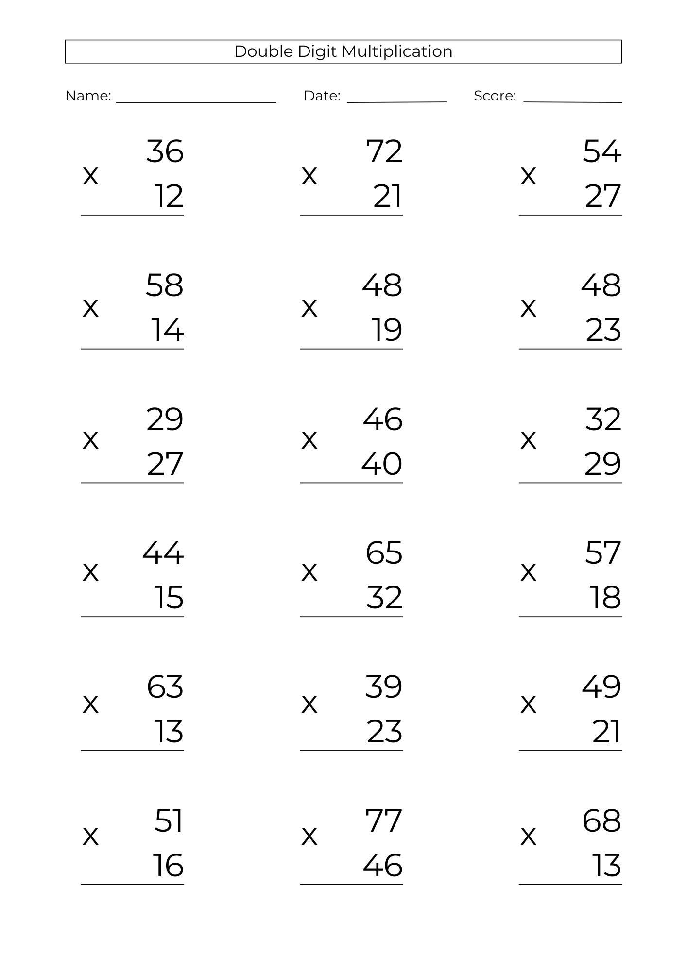 10 Printable Double Digit Multiplication Worksheets 2 Digit Practice PDF Download Etsy