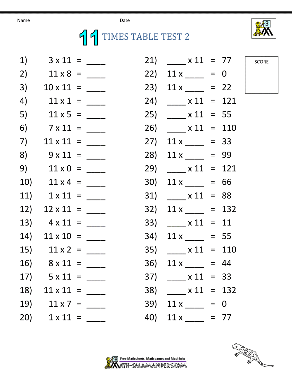 11 Times Tables Worksheets
