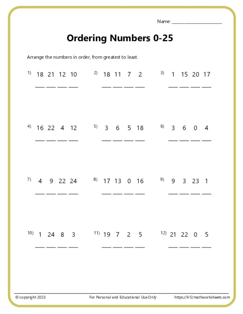 1st Grade Comparing And Ordering Worksheets
