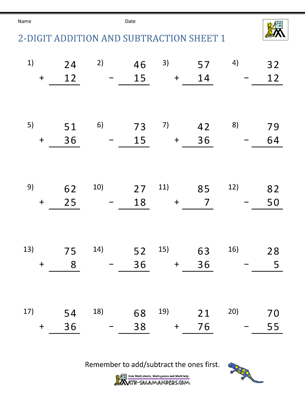 2 Digit Addition And Subtraction Worksheets