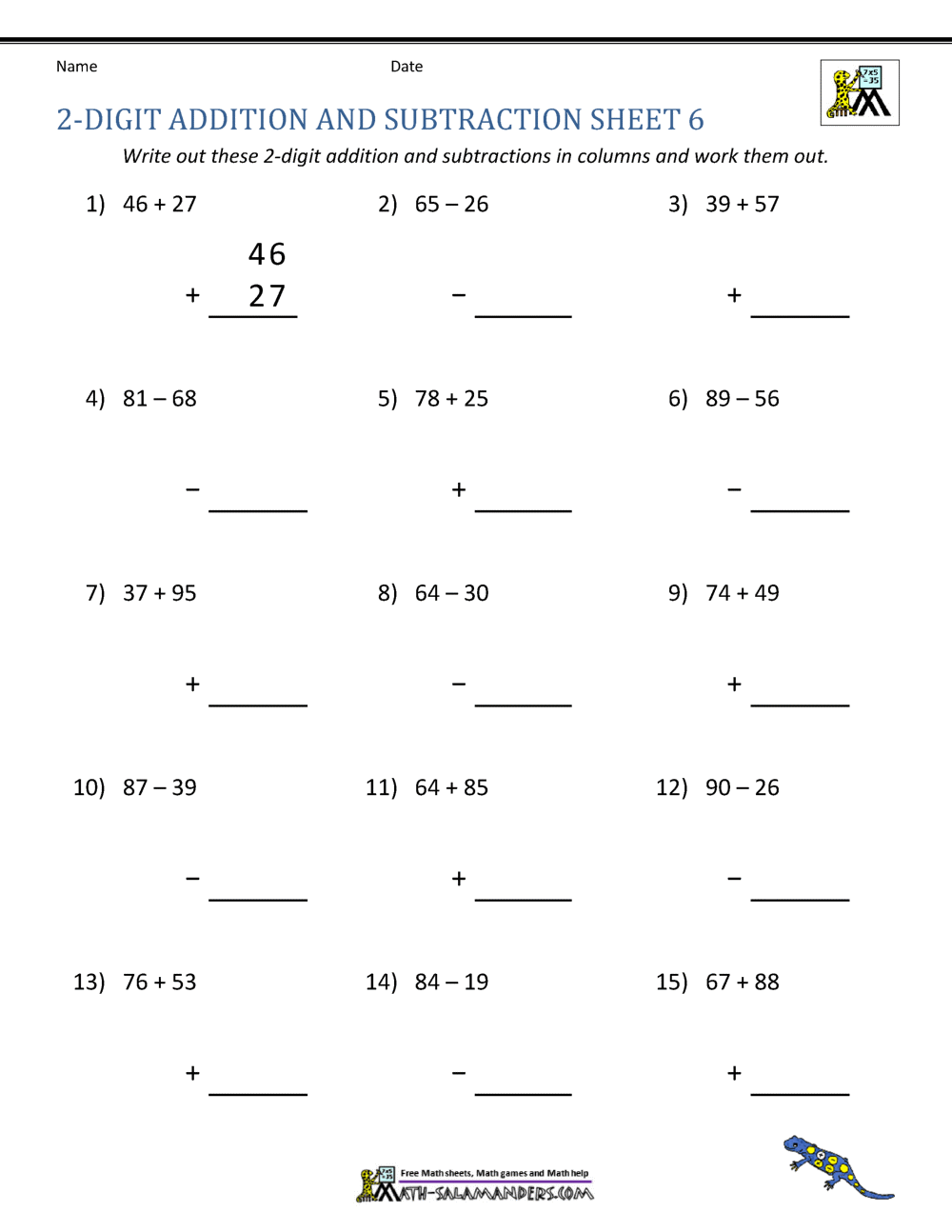 2 Digit Subtraction Worksheets