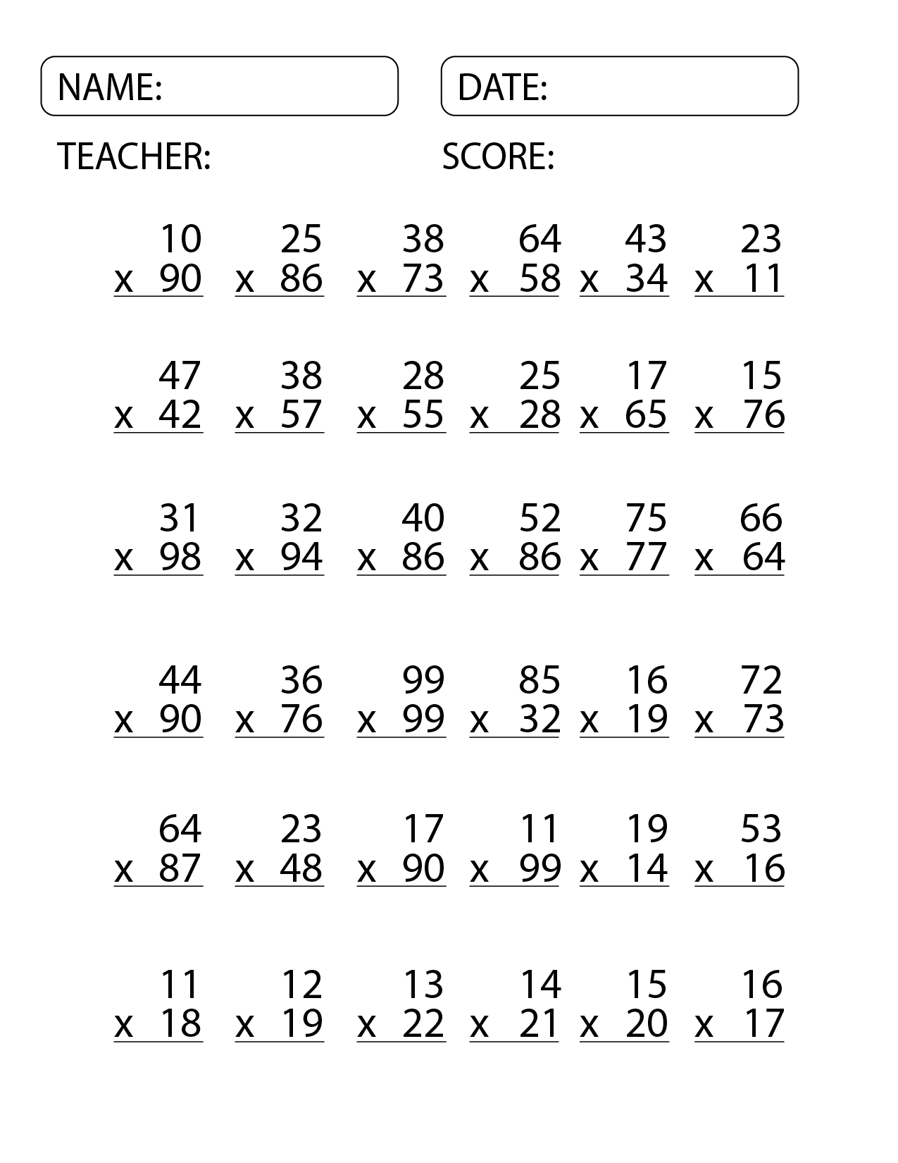 Multiplication Worksheets PDF Free Download