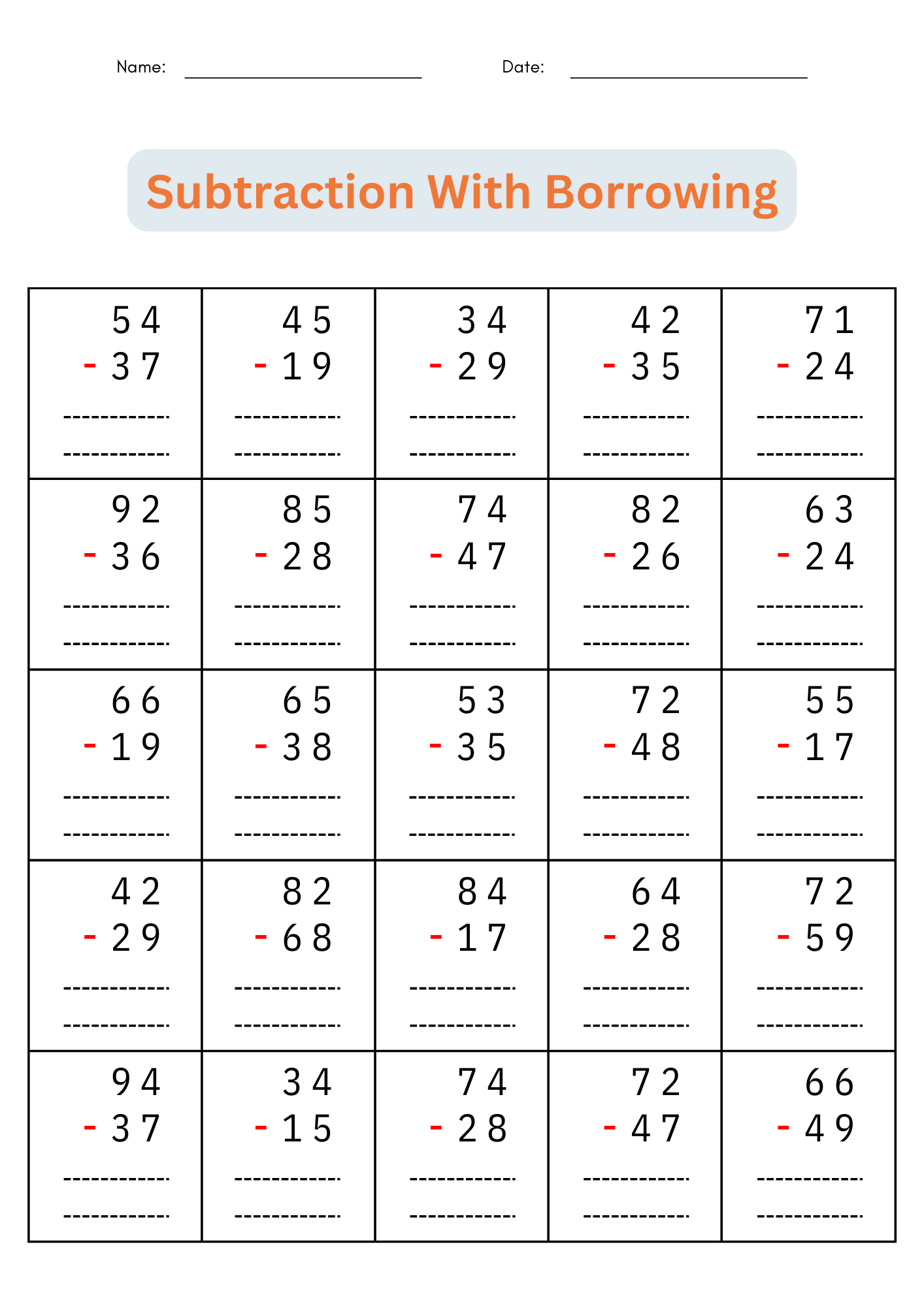Double Digit Subtraction Worksheet Regrouping Practice PDF Etsy