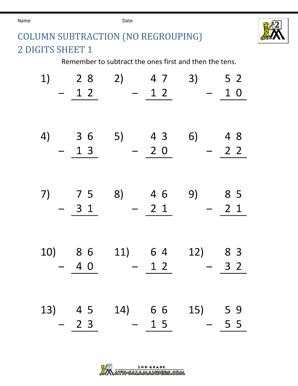 2 Digit Subtraction Worksheets Double Digit Subtraction Without Regrouping K12 Math Worksheets