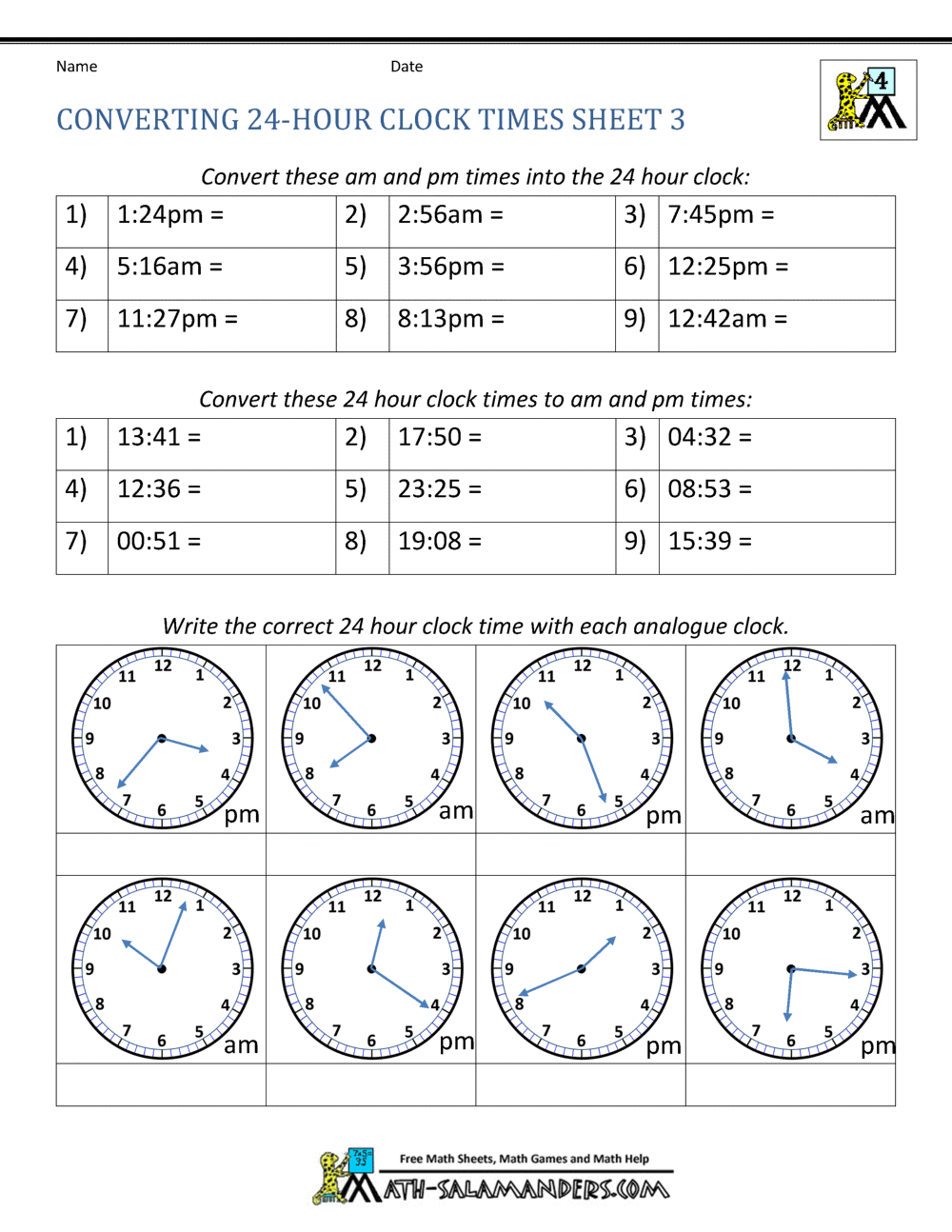 24 Hour Clock Conversion Worksheets Teaching Time Free Telling Time Worksheets