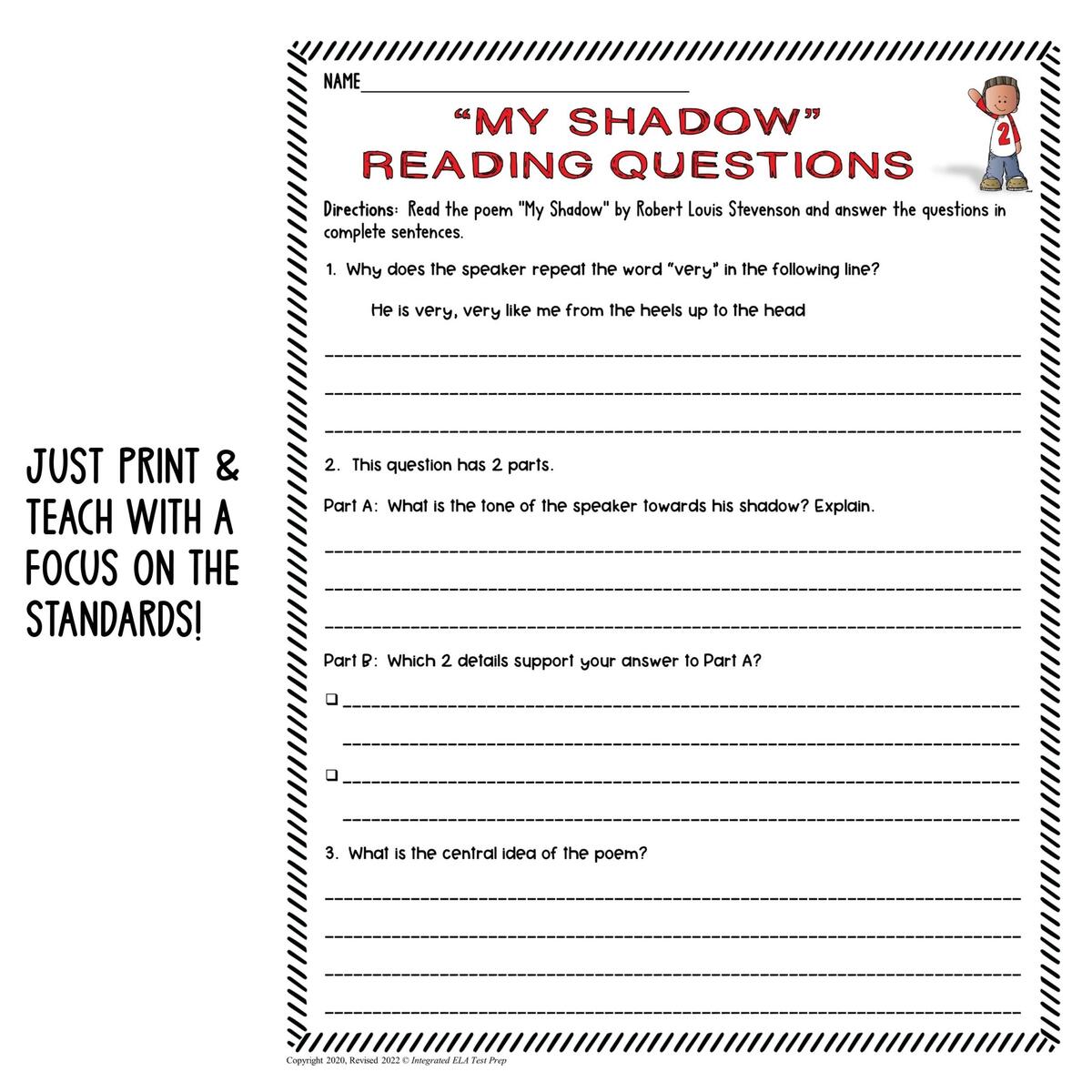 2nd 3rd 4th Grade Poetry Test Prep Reading Worksheets My Shadow Poem Analysis Made By Teachers