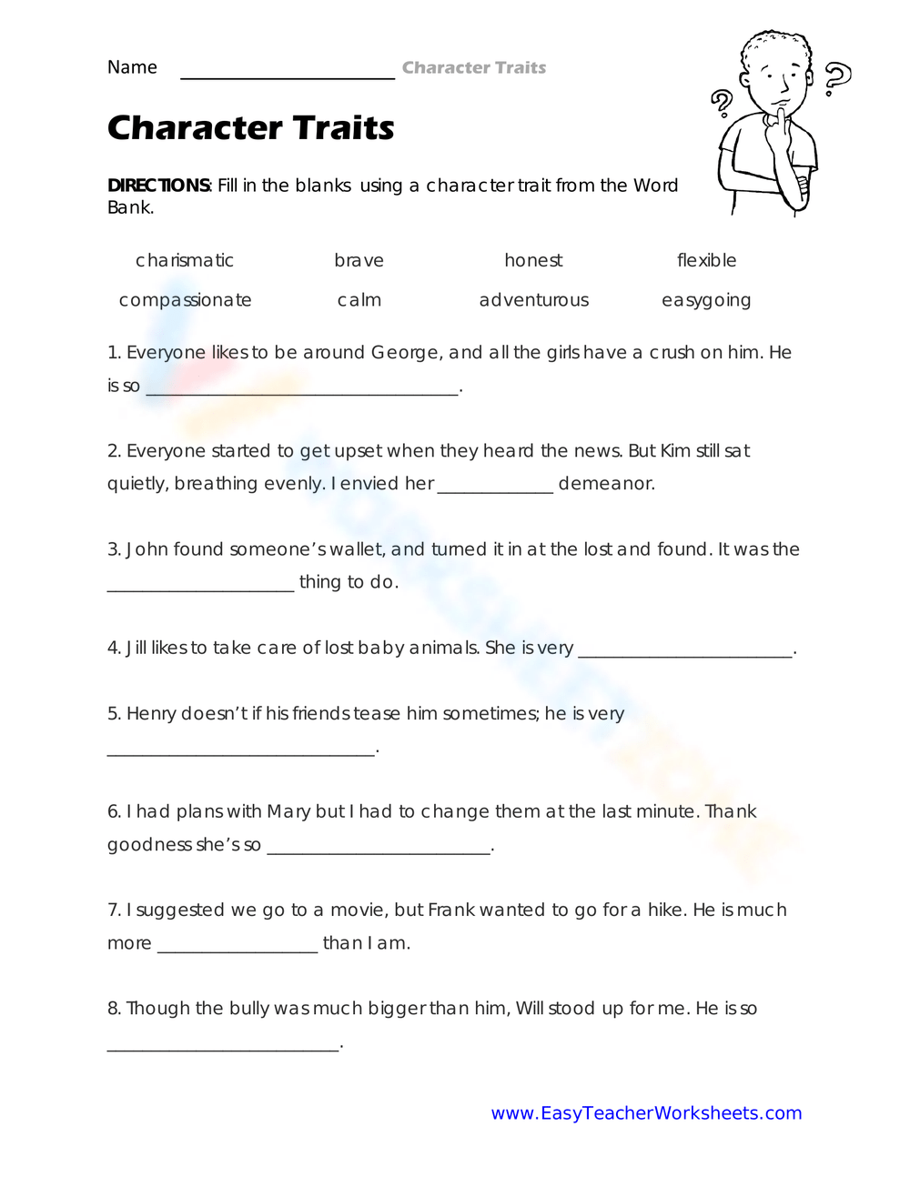 2nd Grade Character Traits Worksheets Printable