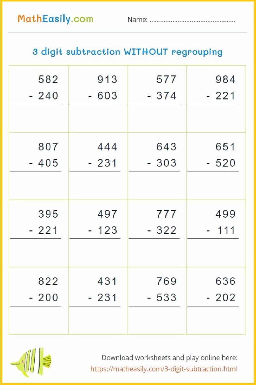 3 Digit Subtraction With Without Regrouping Games 3 Digit Subtraction Without Regrouping Worksheets Teach Prints