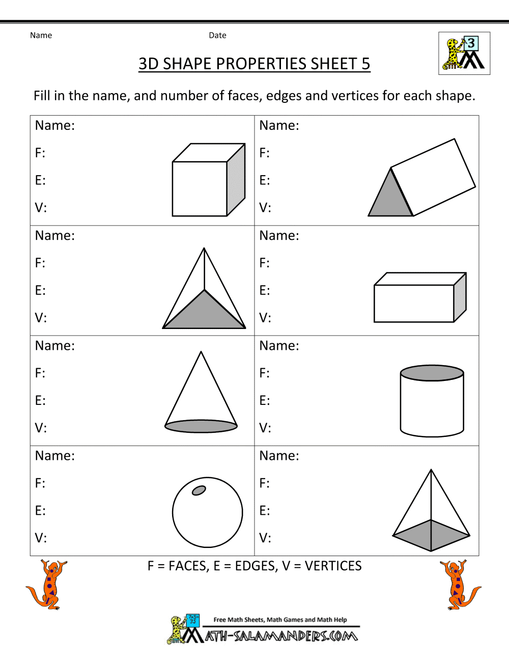 3d Shapes Names Faces Edges And Vertices Worksheets