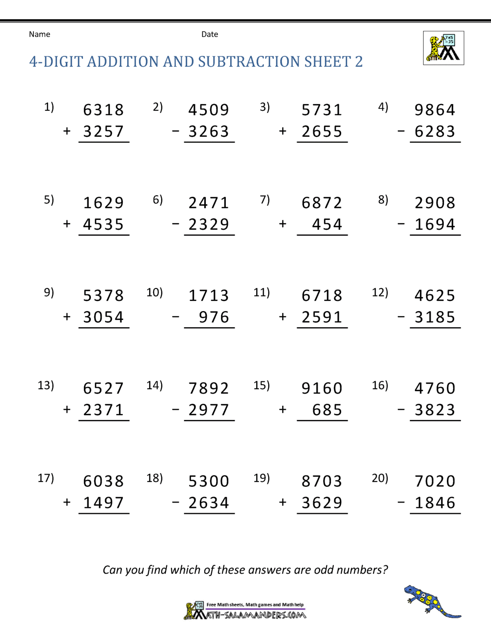 4 Digit Addition And Subtraction Worksheets
