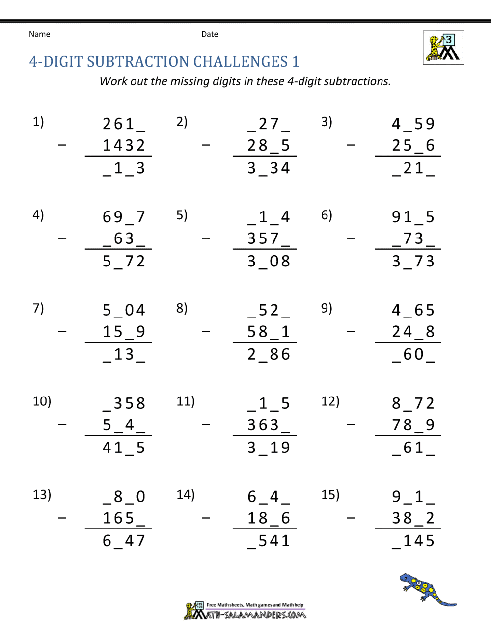 4 Digit Subtraction Worksheets 4 Digit Subtraction Worksheets
