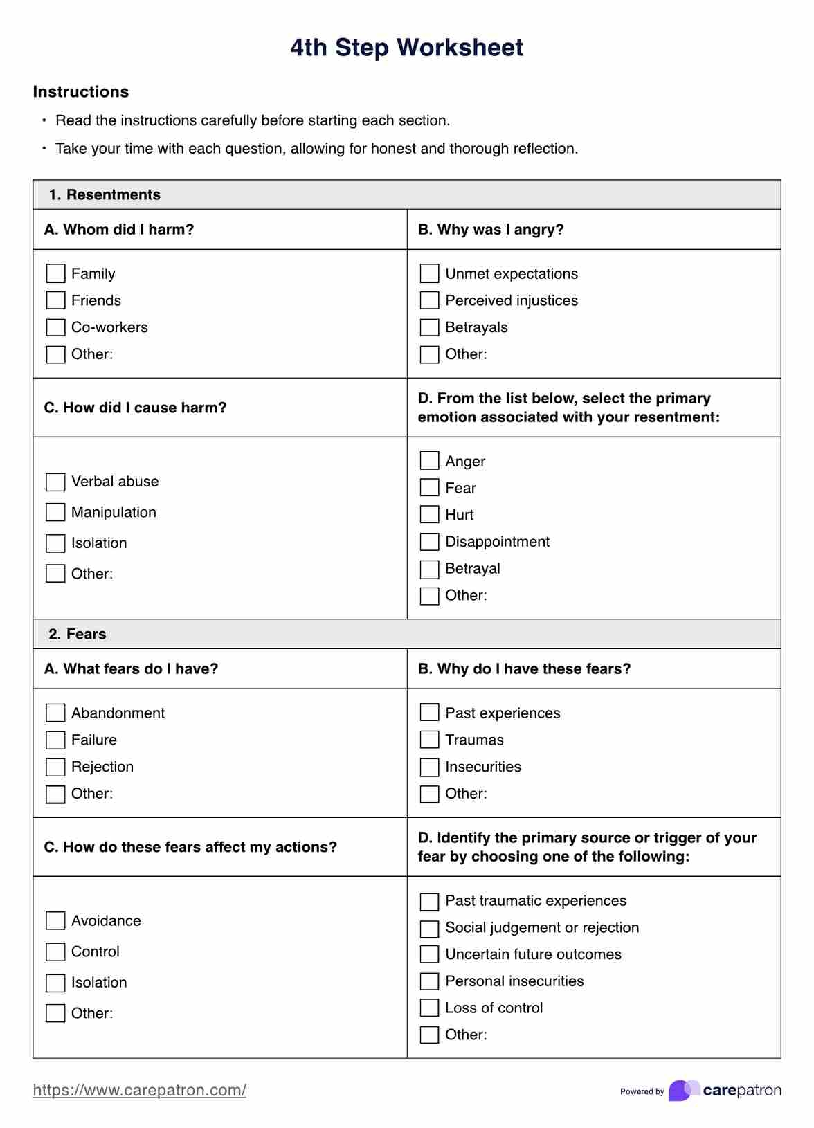 4th Step Worksheet AA Step 4 Definitions Sheet Resentments Inventory Etsy