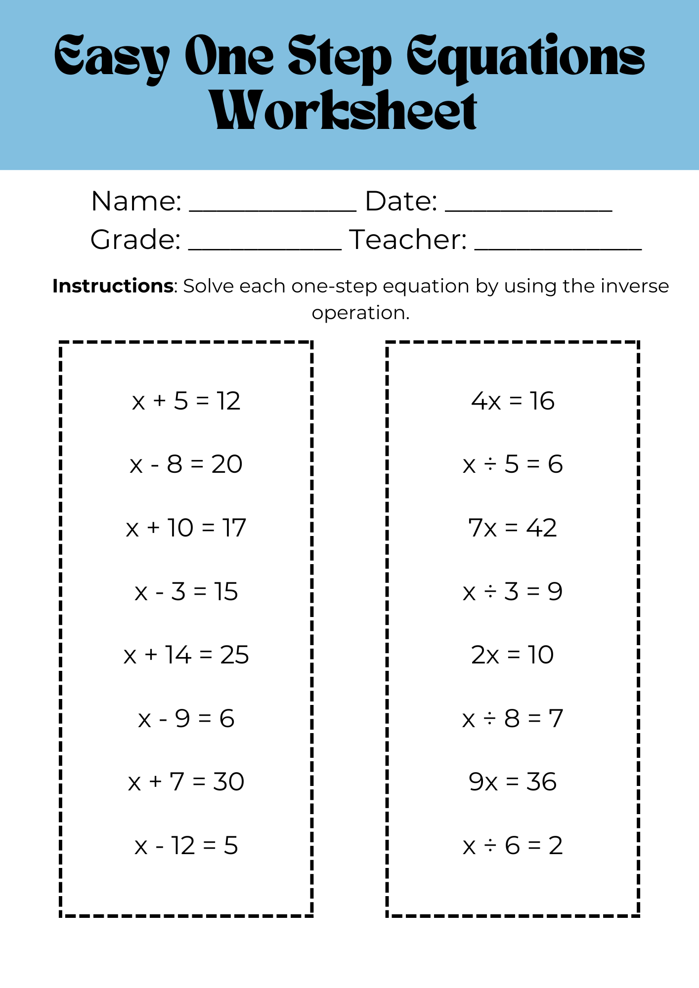 50 Free Printable One Step Equations Worksheet To Download In PDF
