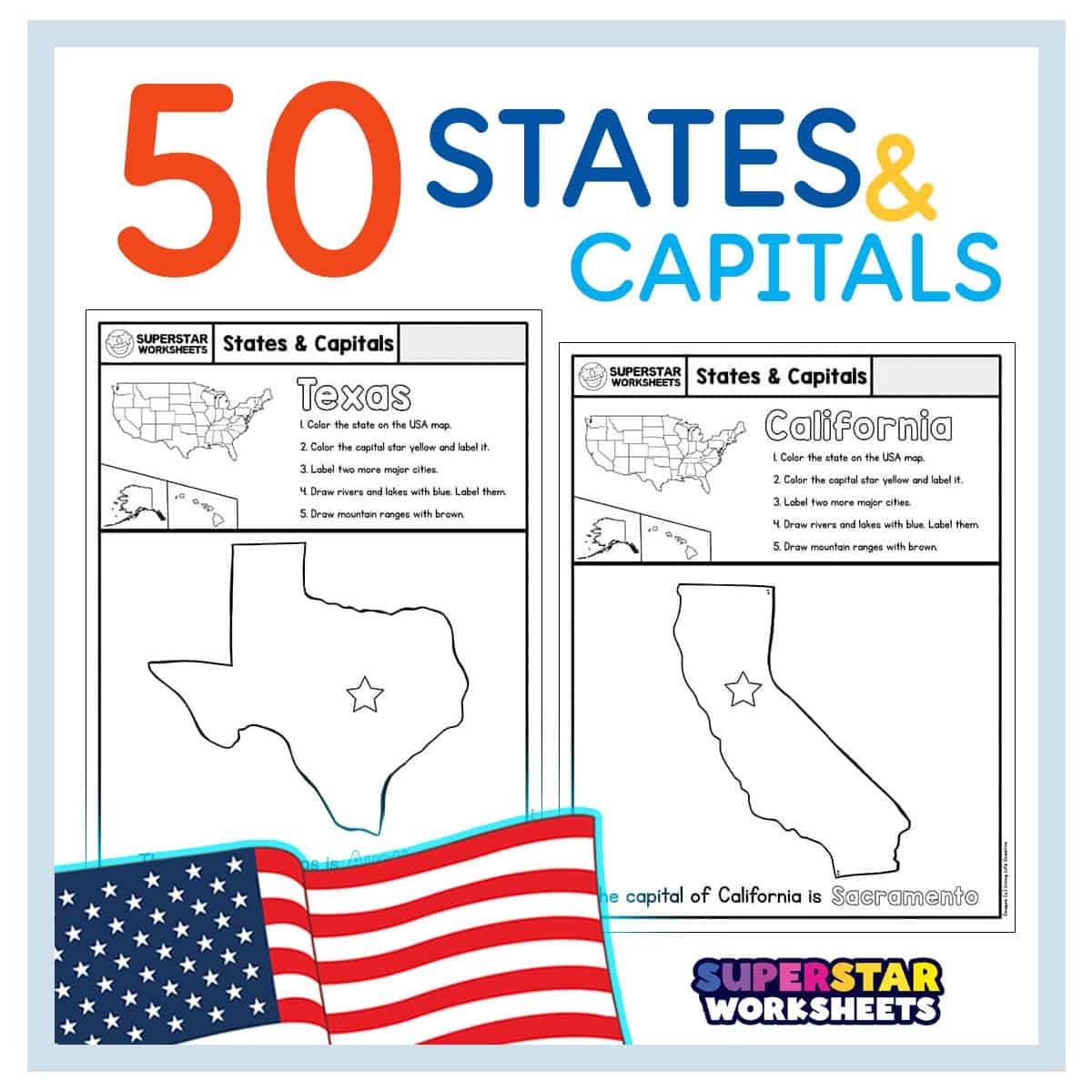50 States Capitals Worksheets Free Printables Superstar Worksheets U S States Capitals Worksheets Test Sheets Maps U S Geography Made By Teachers