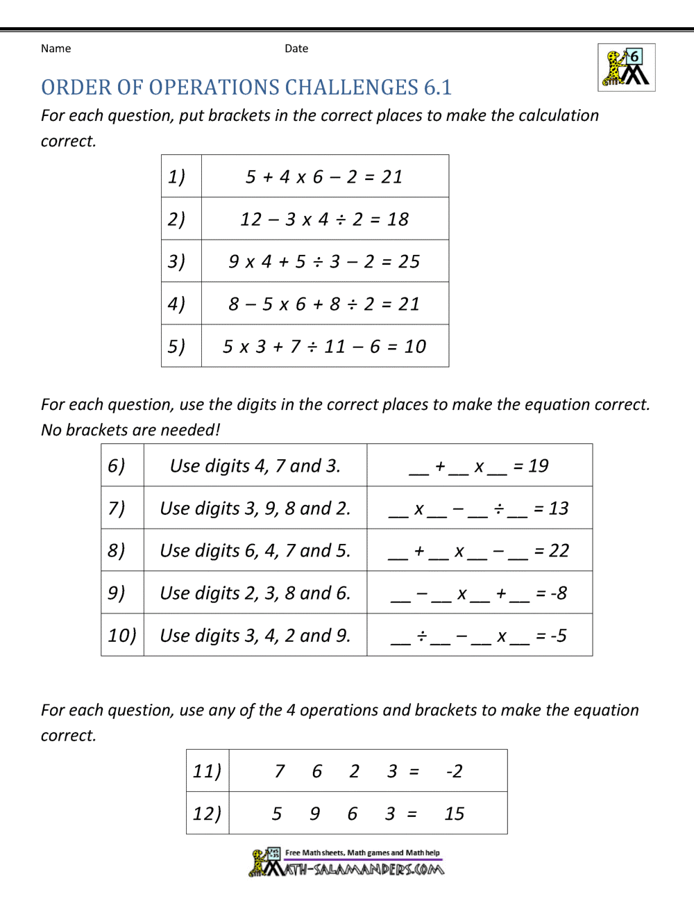 6th Grade Order Of Operations Worksheets 6th Grade Order Of Operations Worksheets