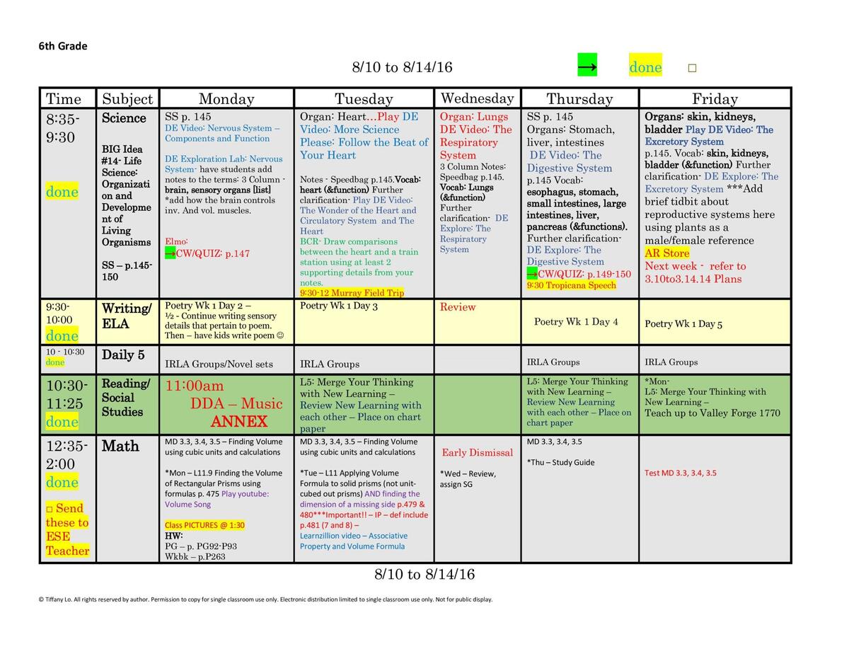 6th Sixth Grade Lesson Plan Template One Week One Page Glance Of All Subjects With Common Core Standards Lists Worksheets Library Holes Novel Study Vocabulary Activities Digital Printable