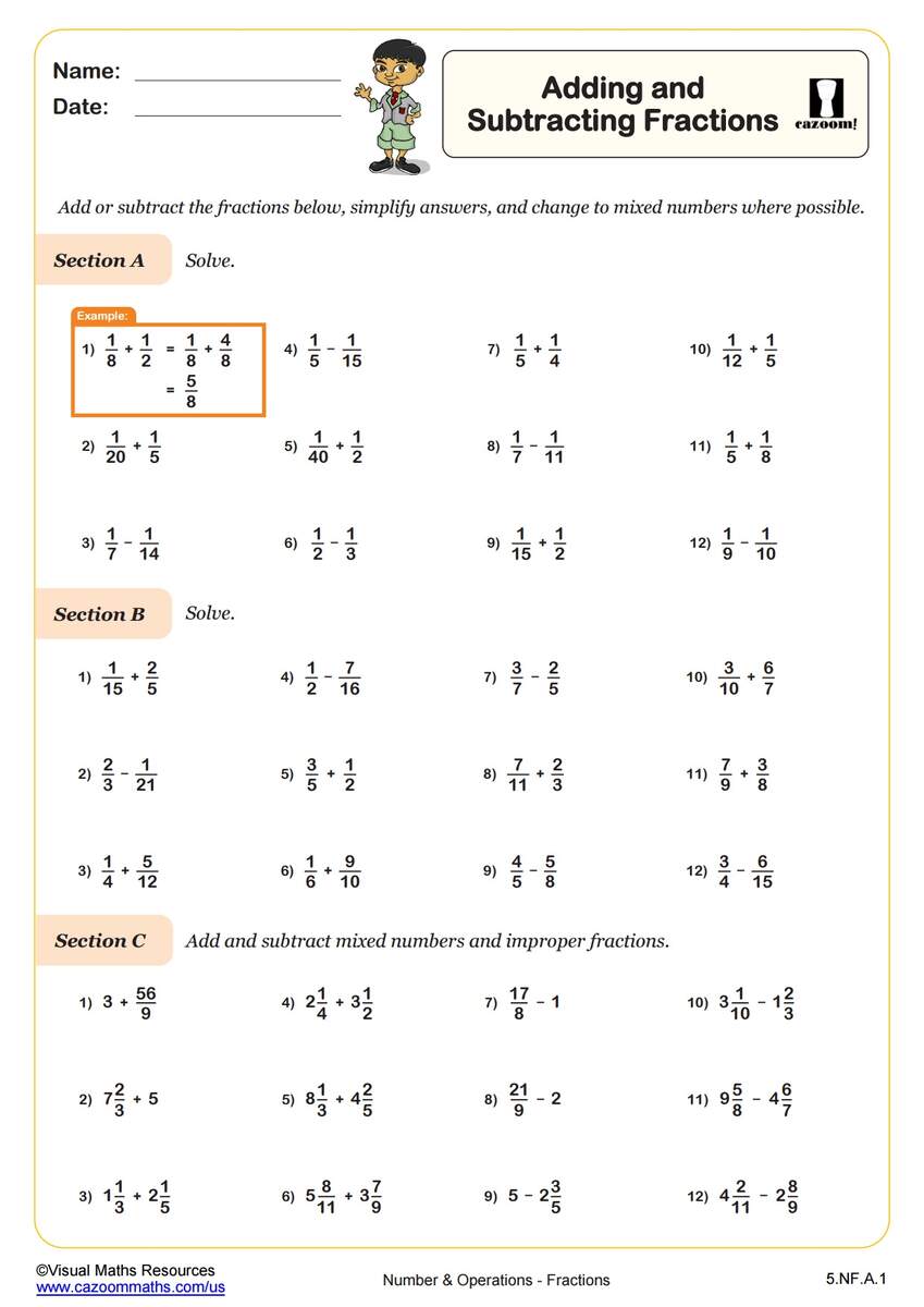 Adding And Subtracting Fractions PDF Printable Number And Operations Worksheets Cazoom Math Adding And Subtracting Fractions PDF Printable Number And Operations Worksheets Cazoom Math