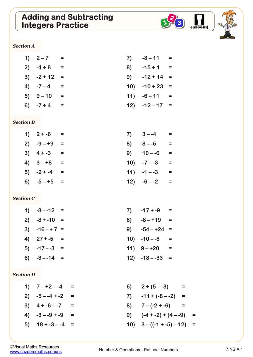 Adding And Subtracting Integers Practice Worksheet 7th Grade PDF Worksheets Cazoom Math Printable Adding Integers Worksheets