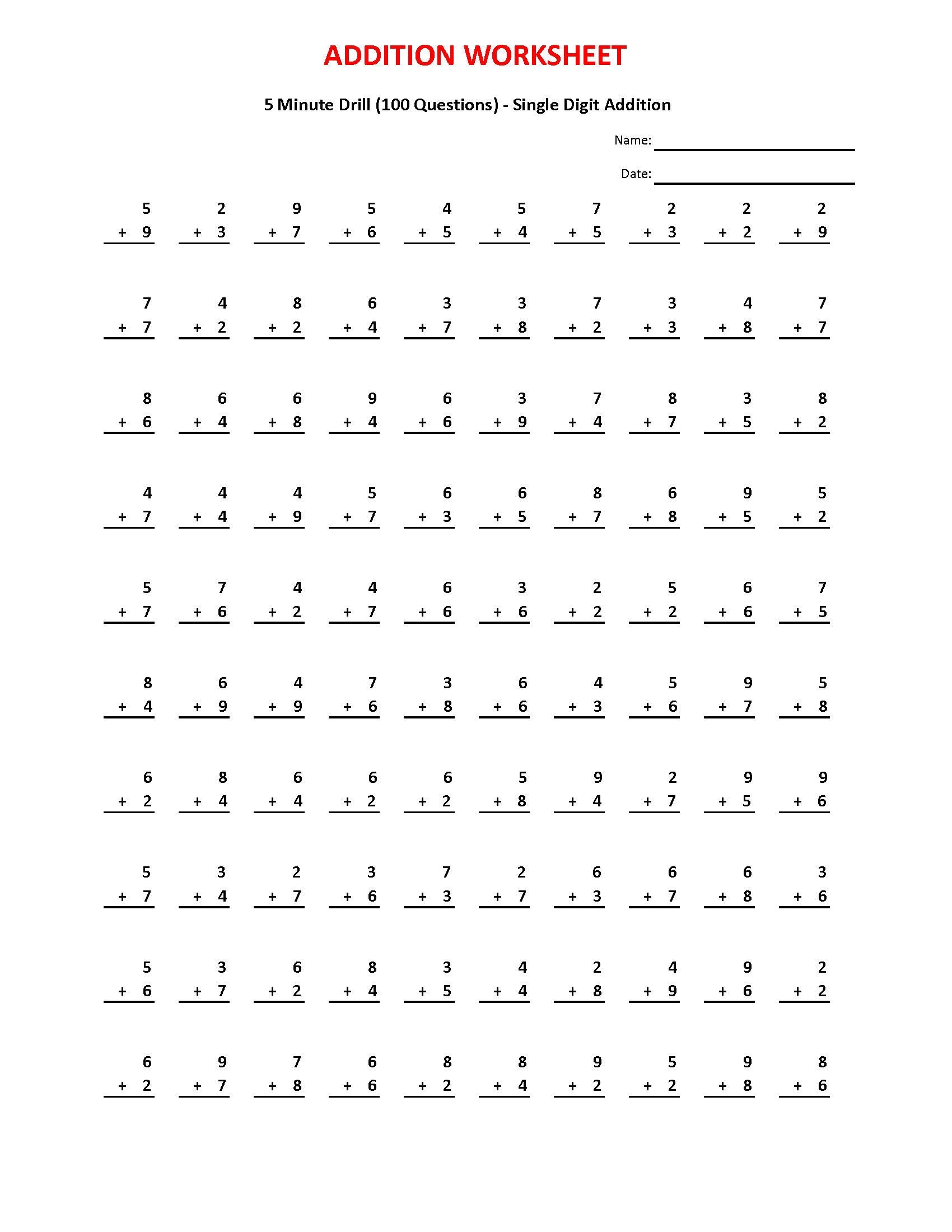 Addition 5 Minute Drill Math Worksheets For Grades 1 3 PDF Etsy