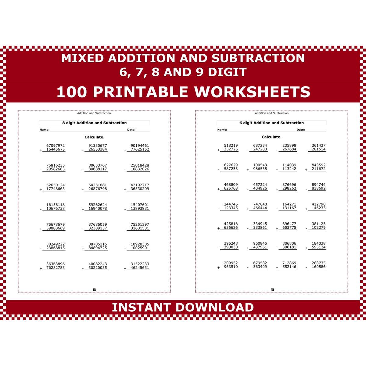 Addition Subtraction Worksheets 6 9 Digit Problems Digital Download Etsy