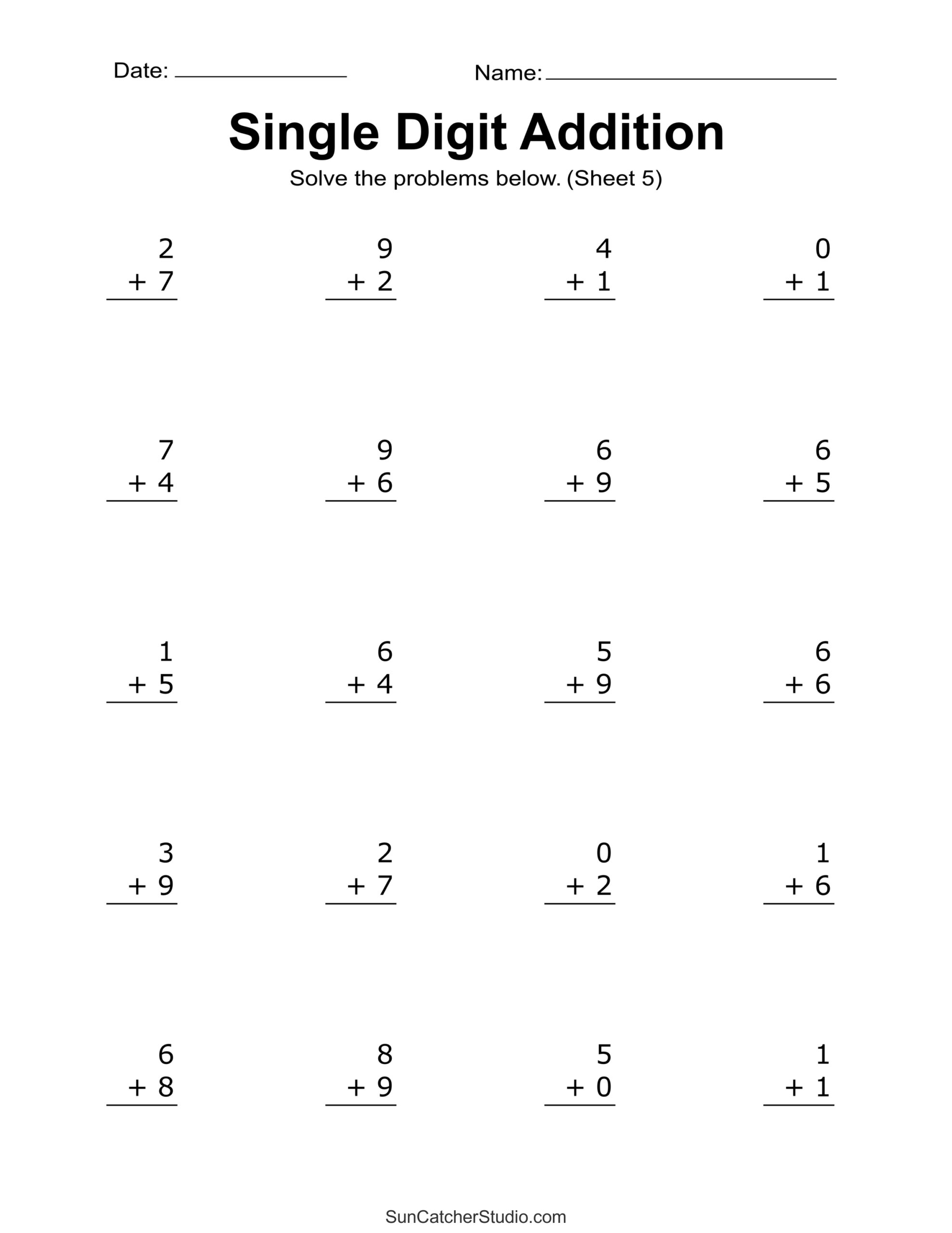 30 Printable Single Digit Addition Worksheets Preschool 2nd Grade Math Etsy