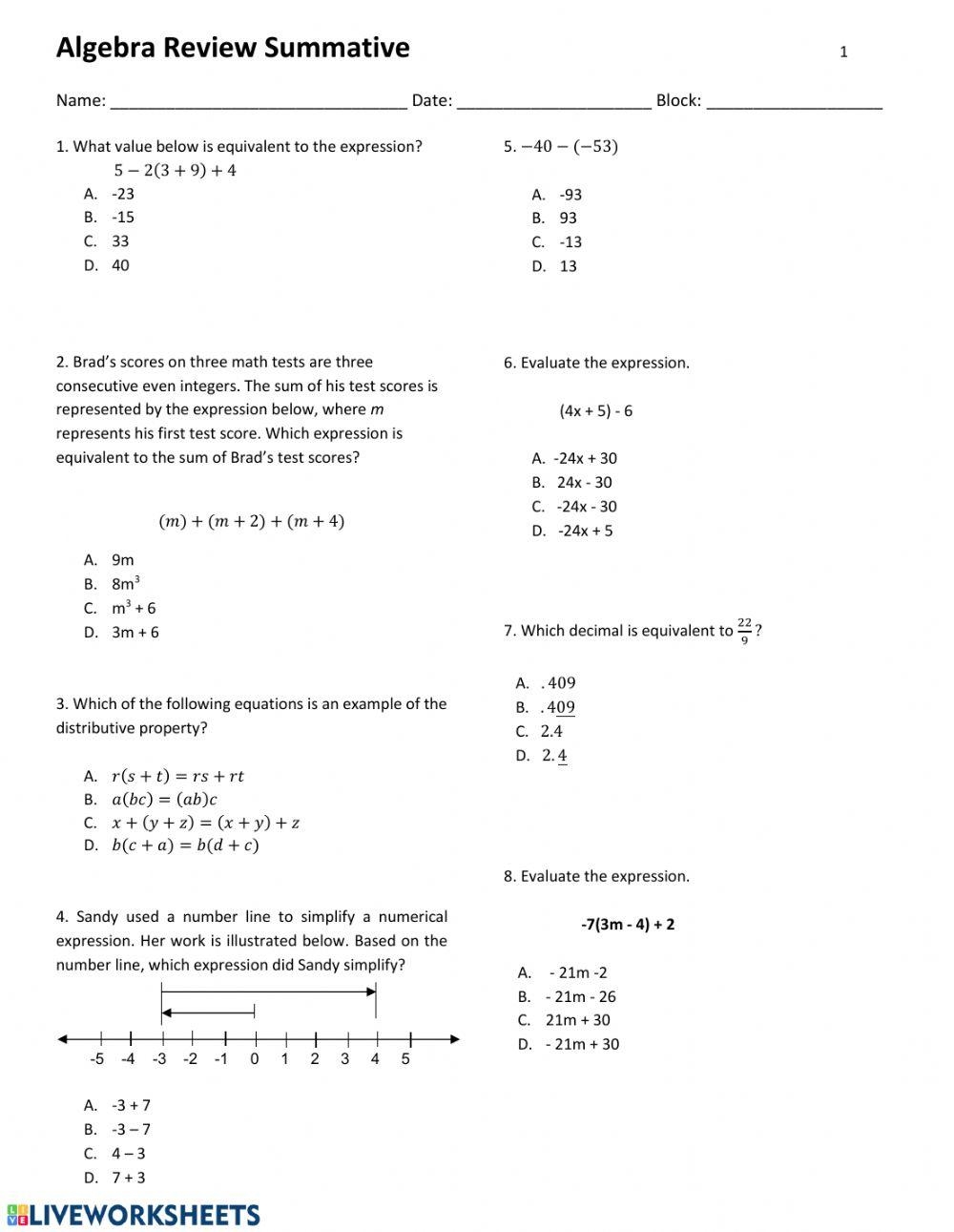Algebra Review Worksheet Worksheets Library