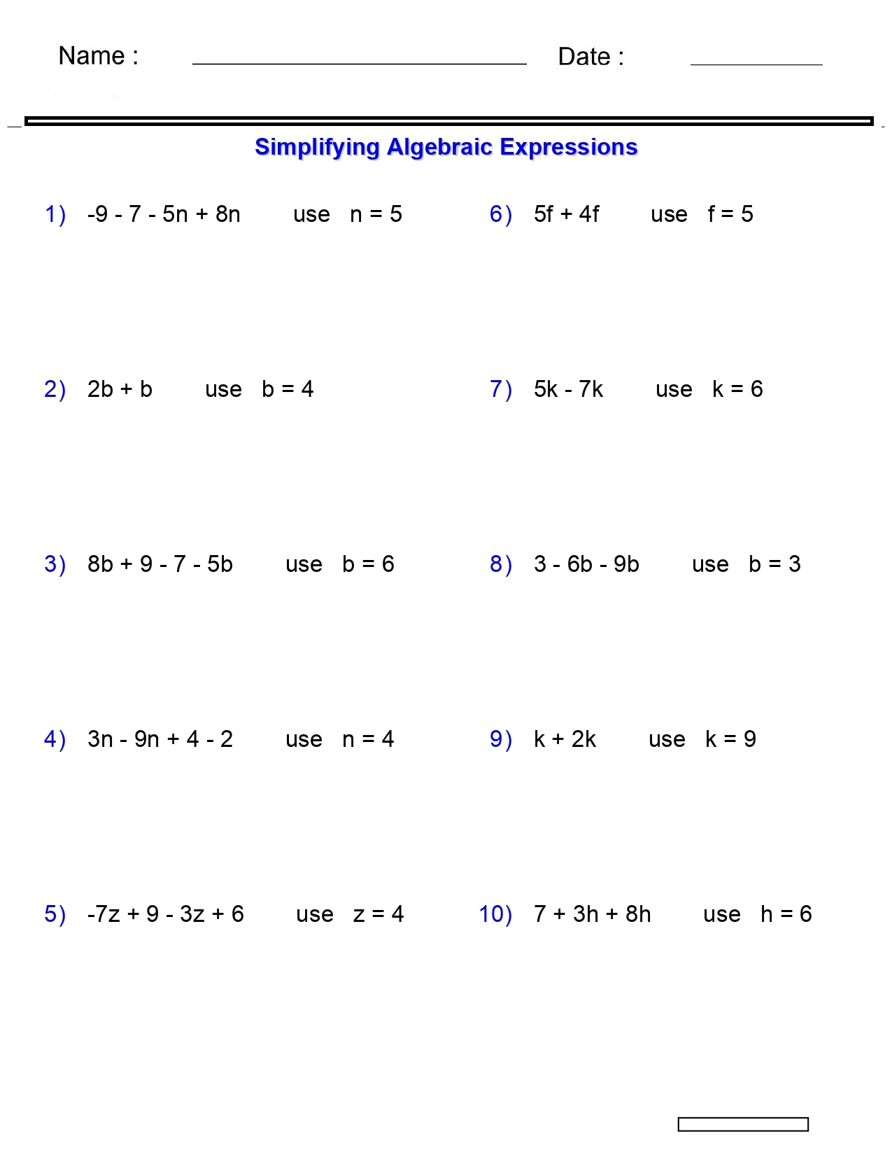 Algebraic Expressions Worksheets Evaluating One Variable Worksheets 2 Terms Made By Teachers Algebraic Expressions Worksheets Evaluating One Variable Worksheets 2 Terms Made By Teachers