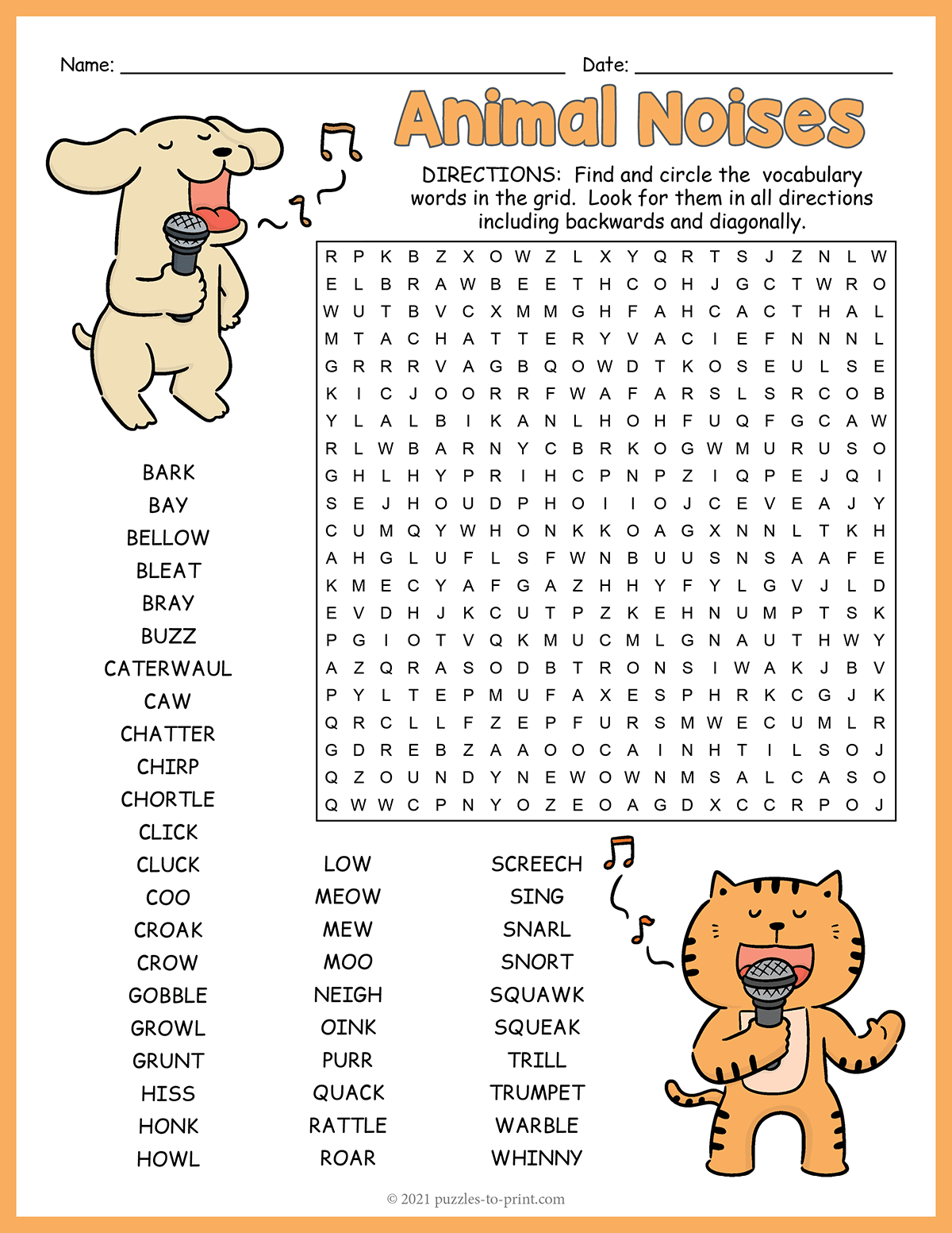 Animal Noises Word Search Free Printable Easy Challenging