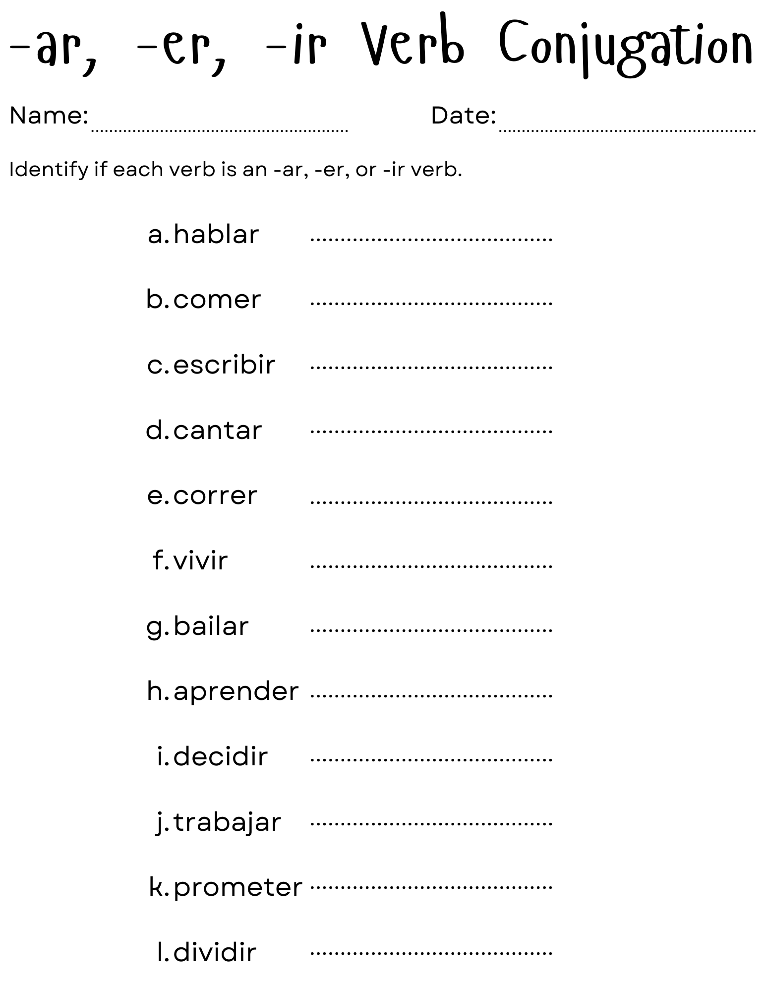 Spanish ER Ir Verb Worksheet Spanish Verbs Spanish Worksheets Worksheets Library