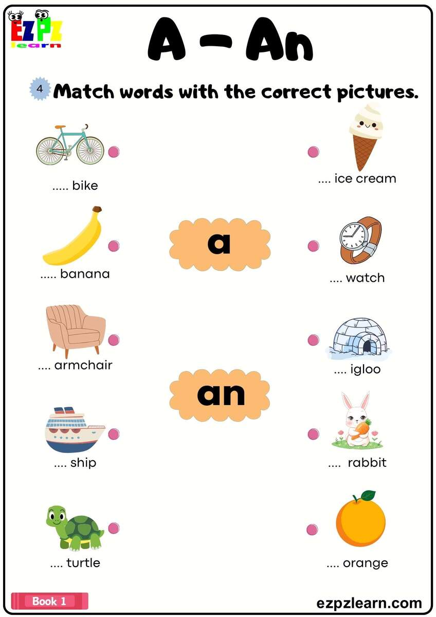 Articles A An Match The Words With The Pictures Grammar Worksheet Book 1 Ezpzlearn