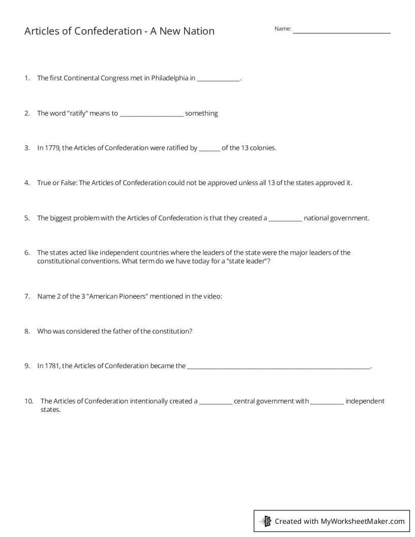 Articles Of Confederation A New Nation My Worksheet Maker Create Your Own Worksheets Articles Of Confederation A New Nation My Worksheet Maker Create Your Own Worksheets