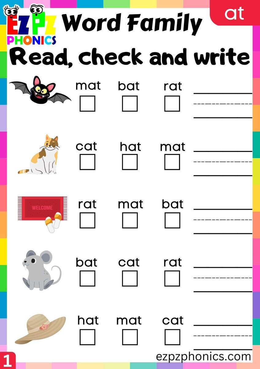 AT Words Read Check And Write Phonics Word Families Worksheet Ezpzphonics AT Words Read Check And Write Phonics Word Families Worksheet Ezpzphonics