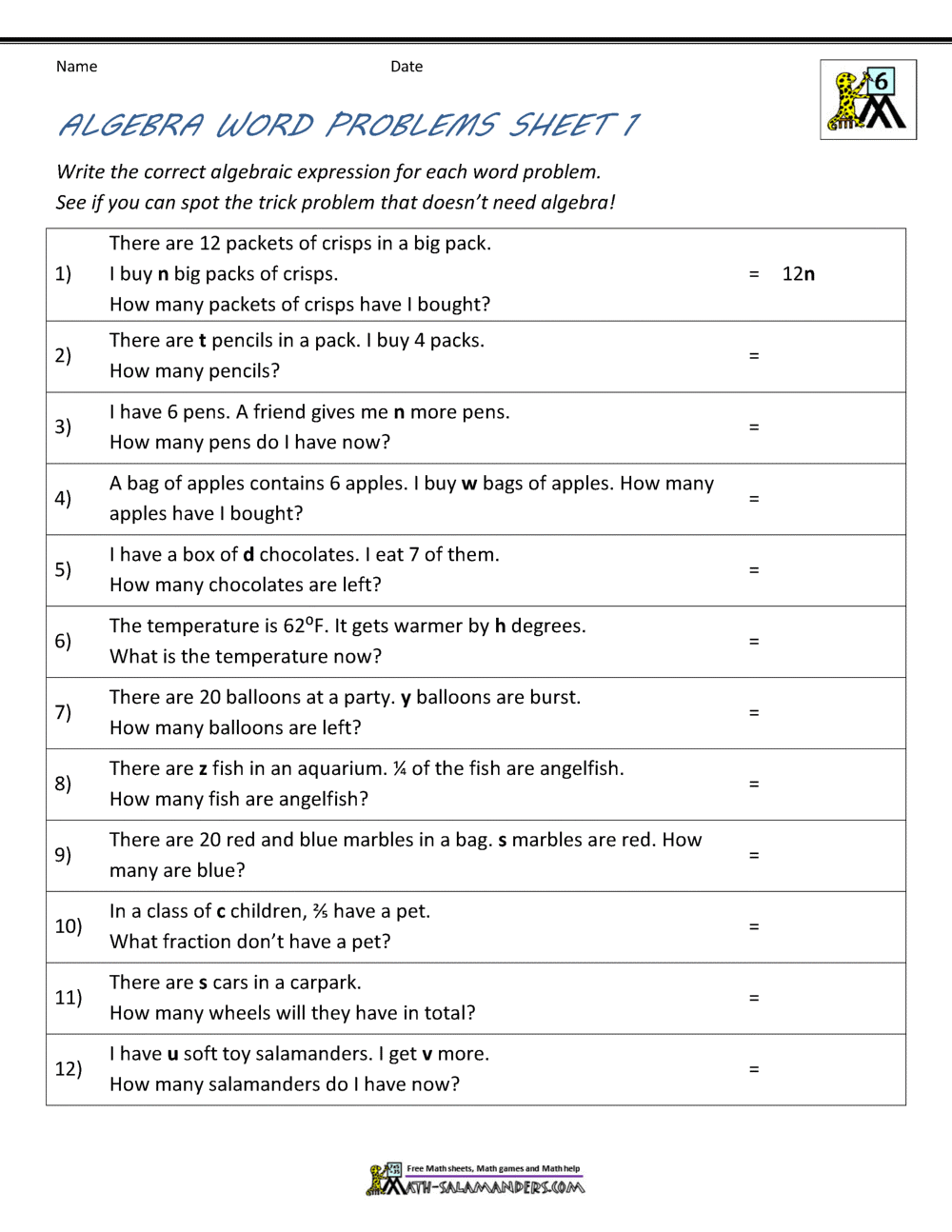 Basic Algebra Worksheets Basic Algebra Worksheets