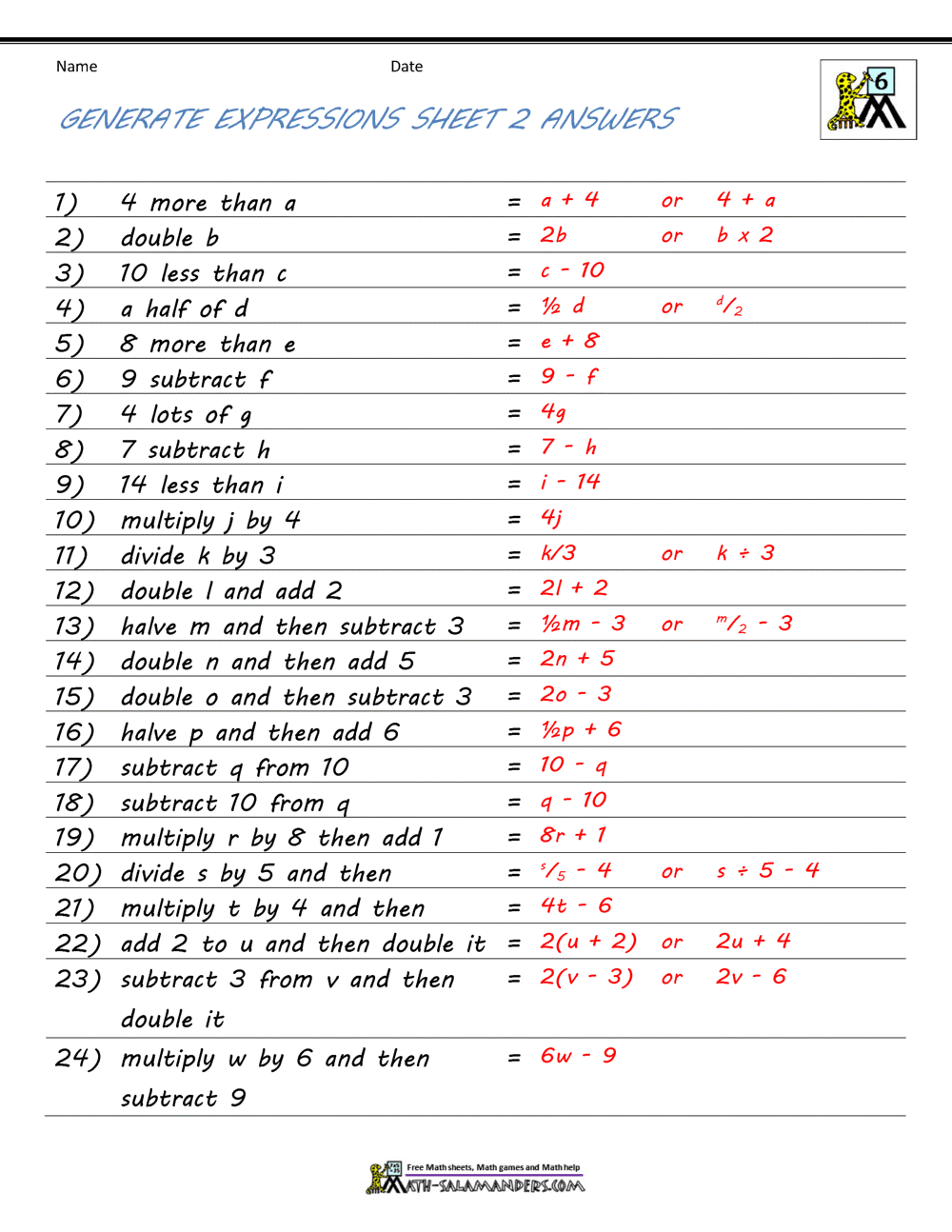 Basic Algebra Worksheets Basic Algebra Worksheets
