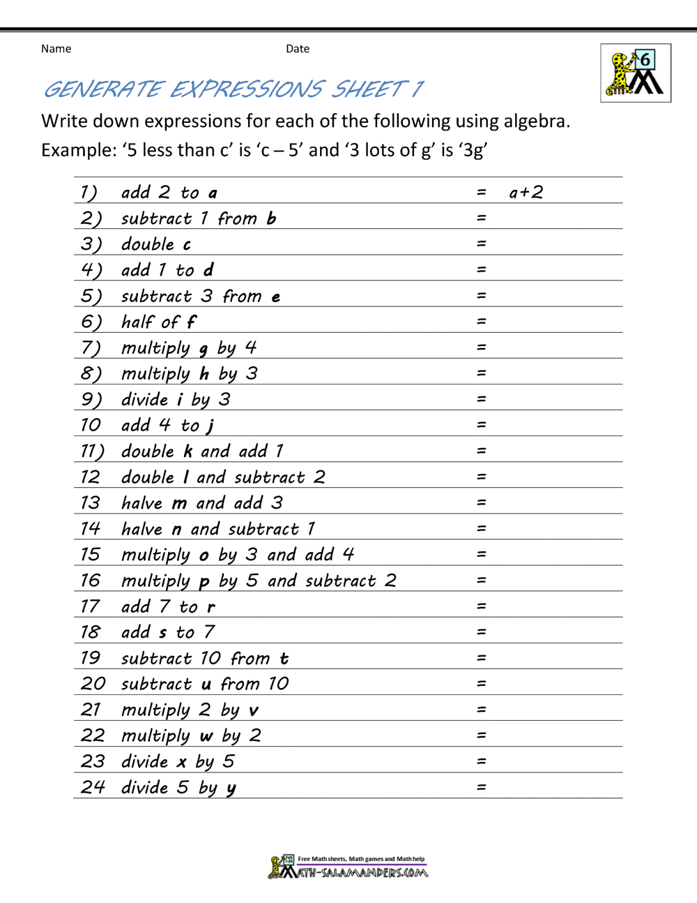 Basic Algebra Worksheets