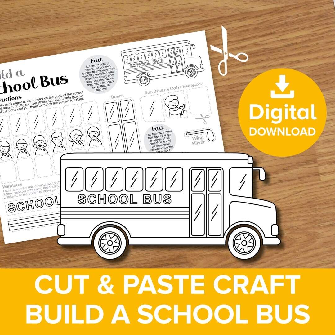 Build A School Bus Cut Paste Craft Back To School Coloring Page Printable American Yellow Bus Model Educational Transport Art Activity Etsy