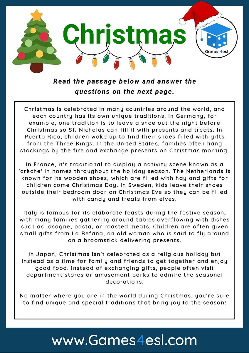 Christmas Reading Comprehension Worksheet Games4esl 50 Christmas Reading Comprehension Printable Kindergarten First Grade Worksheets Instant Download Fluency Worksheet English Learing Etsy