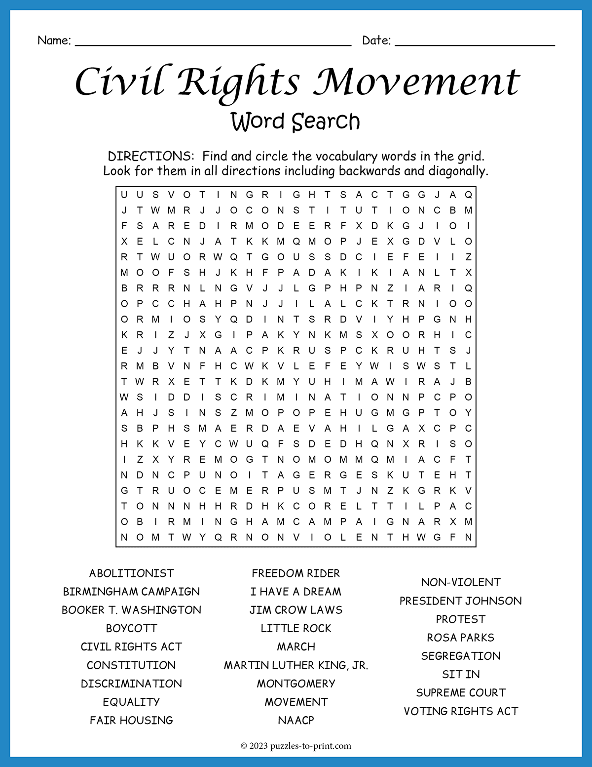 Civil Rights Movement Word Search