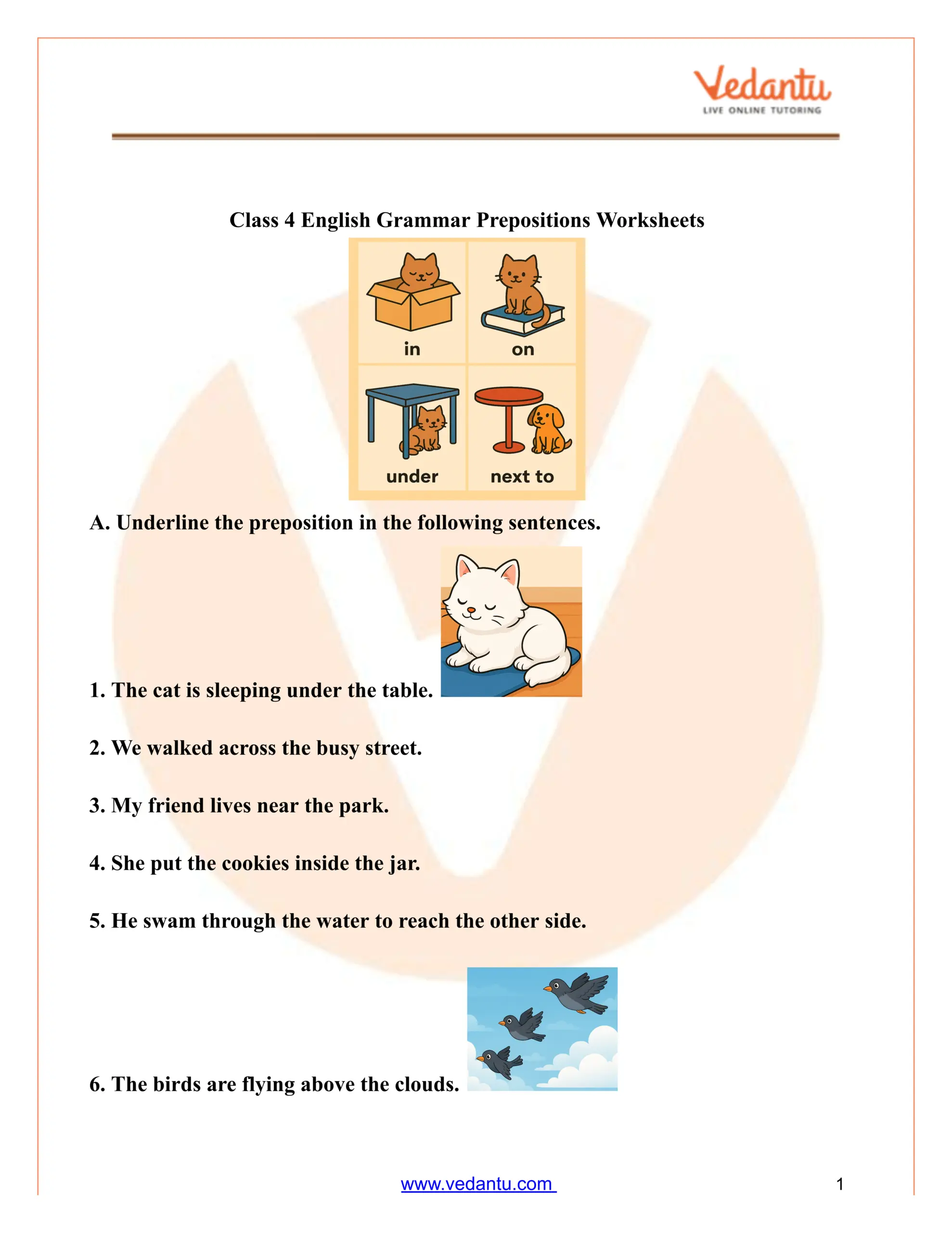 Class 4 English Grammar Prepositions Worksheet PDF With Answers