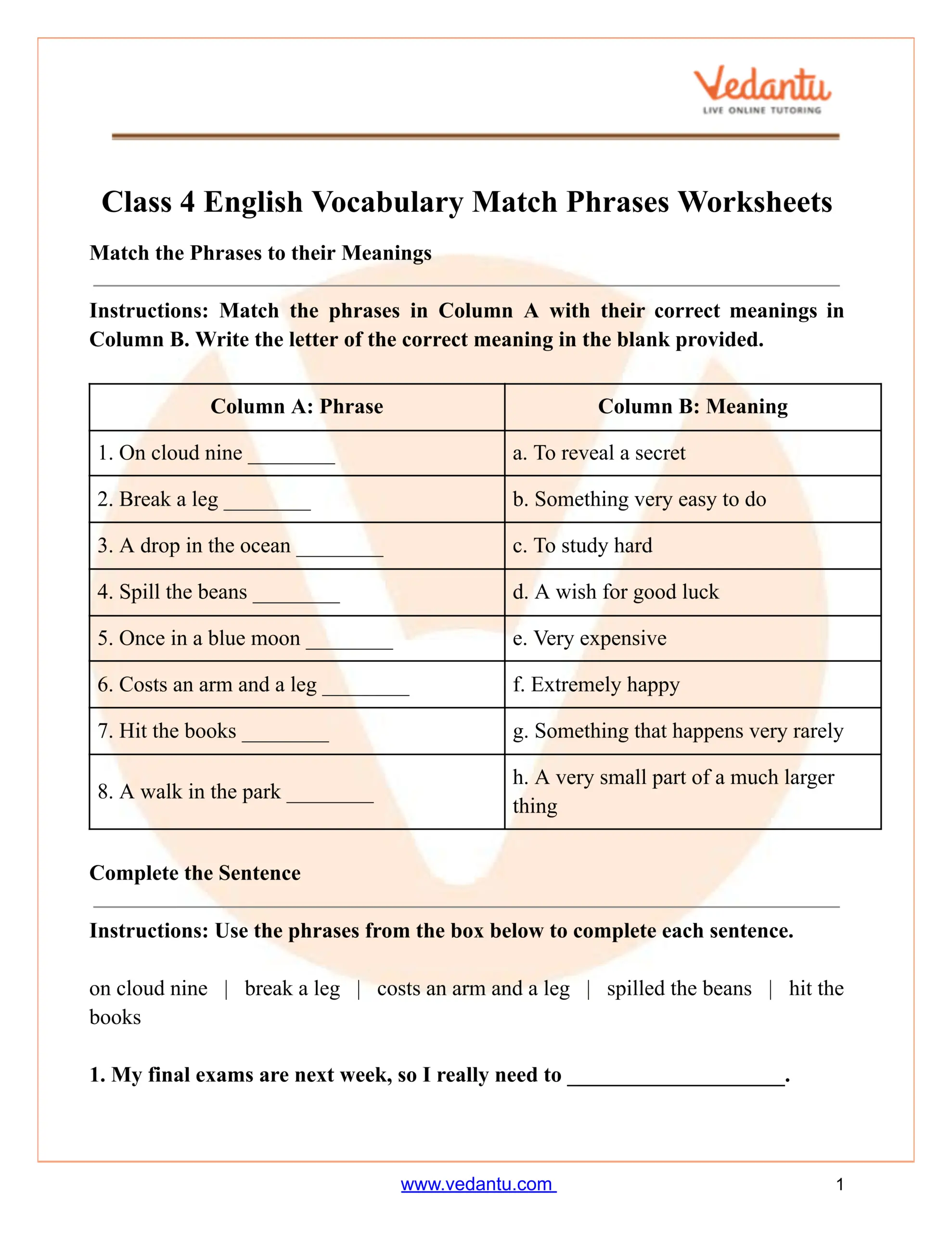 Class 4 Vocabulary Match Phrases Worksheet PDF Free Printable Class 4 Vocabulary Match Phrases Worksheet PDF Free Printable
