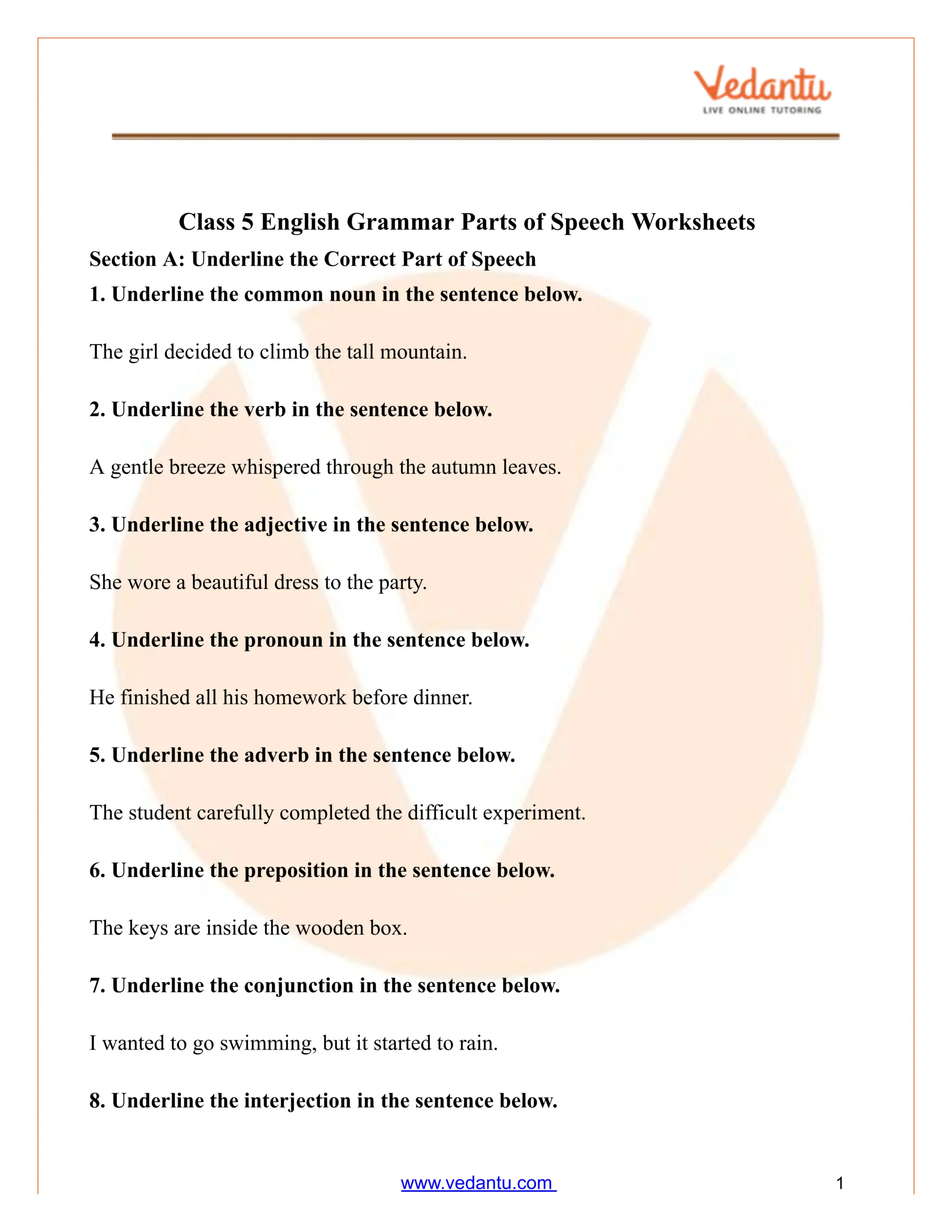 Class 5 English Grammar Parts Of Speech Worksheet PDF Worksheet Parts Of Speech Use Parts Of Speech In Sentences