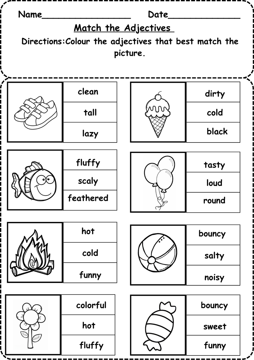 Color The Adjective Worksheet Free Printable For Grade 1 Adjectives And Nouns