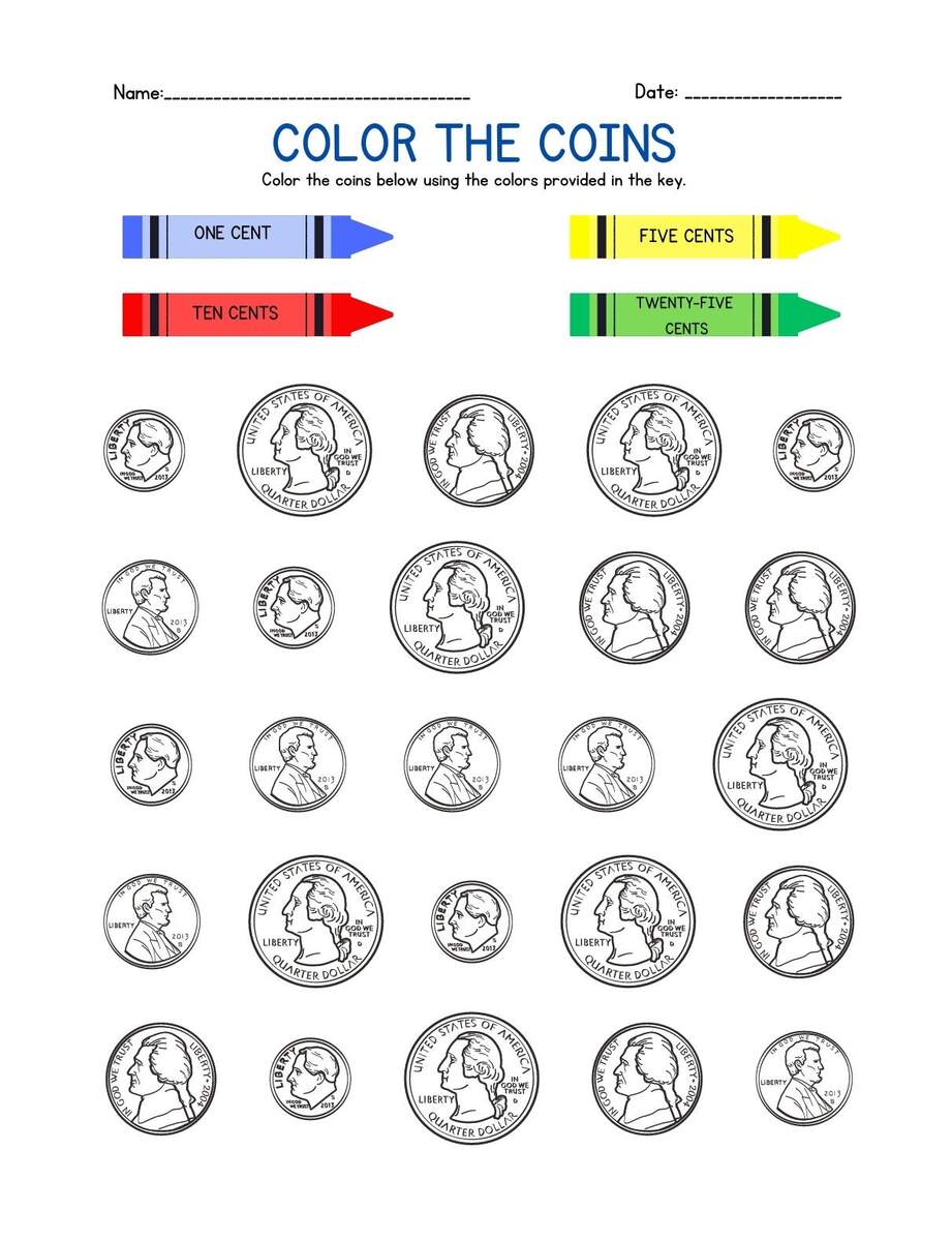 Color The Coins Worksheets Etsy Canada