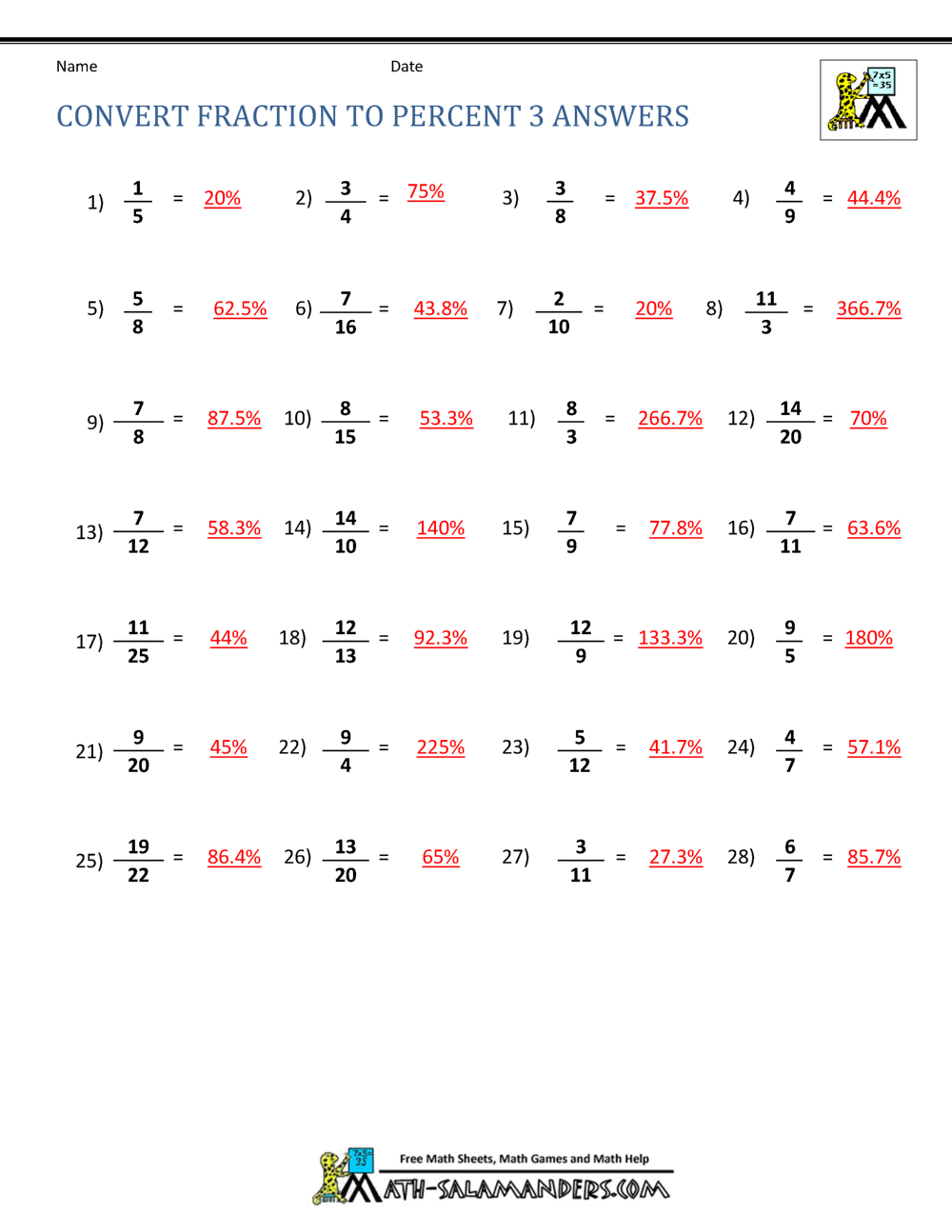 Convert Fraction To Percent Fractions Decimals Percents Worksheets