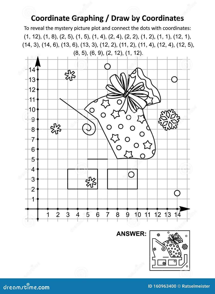 Coordinate Graphing Or Draw By Coordinates Math Worksheet With Santa S Sack On The Sleigh Stock Vector Illustration Of Draw Plot 160963400