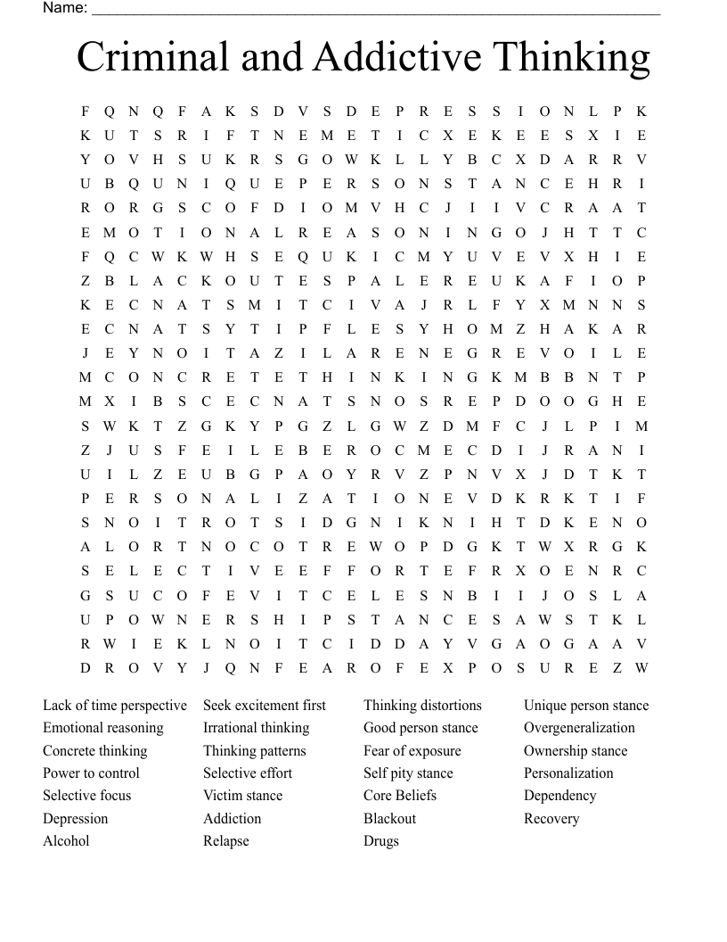 Criminal And Addictive Thinking Word Search WordMint