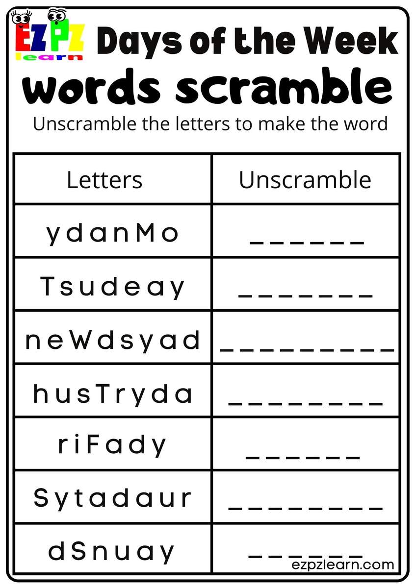 Days Of The Week Ezpzlearn Worksheets Library