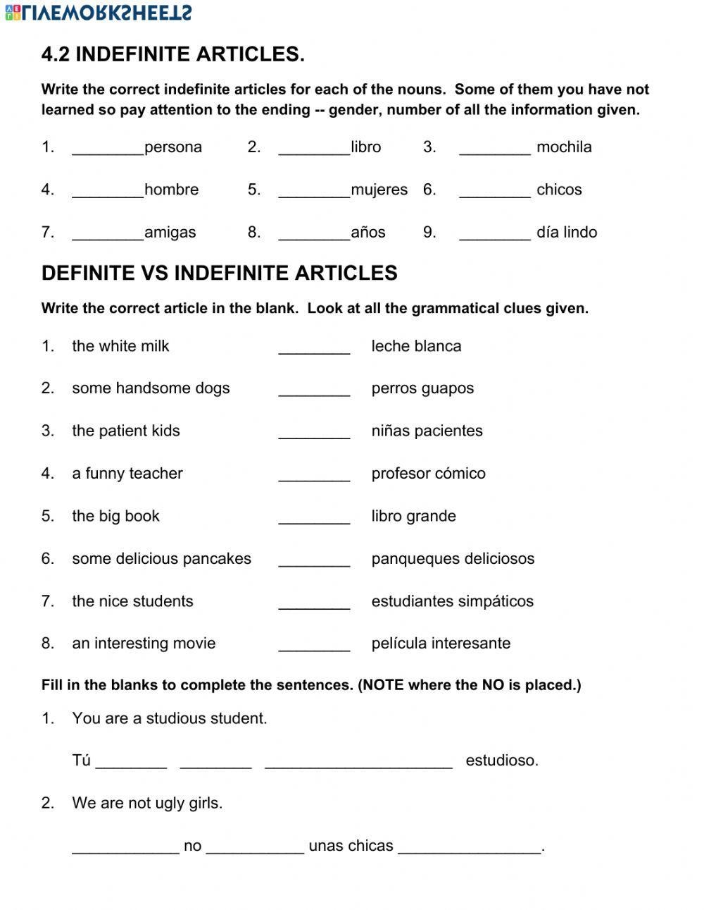 Spanish Definite And Indefinite Articles Practice Worksheet Bundle 4 Pages Etsy Israel