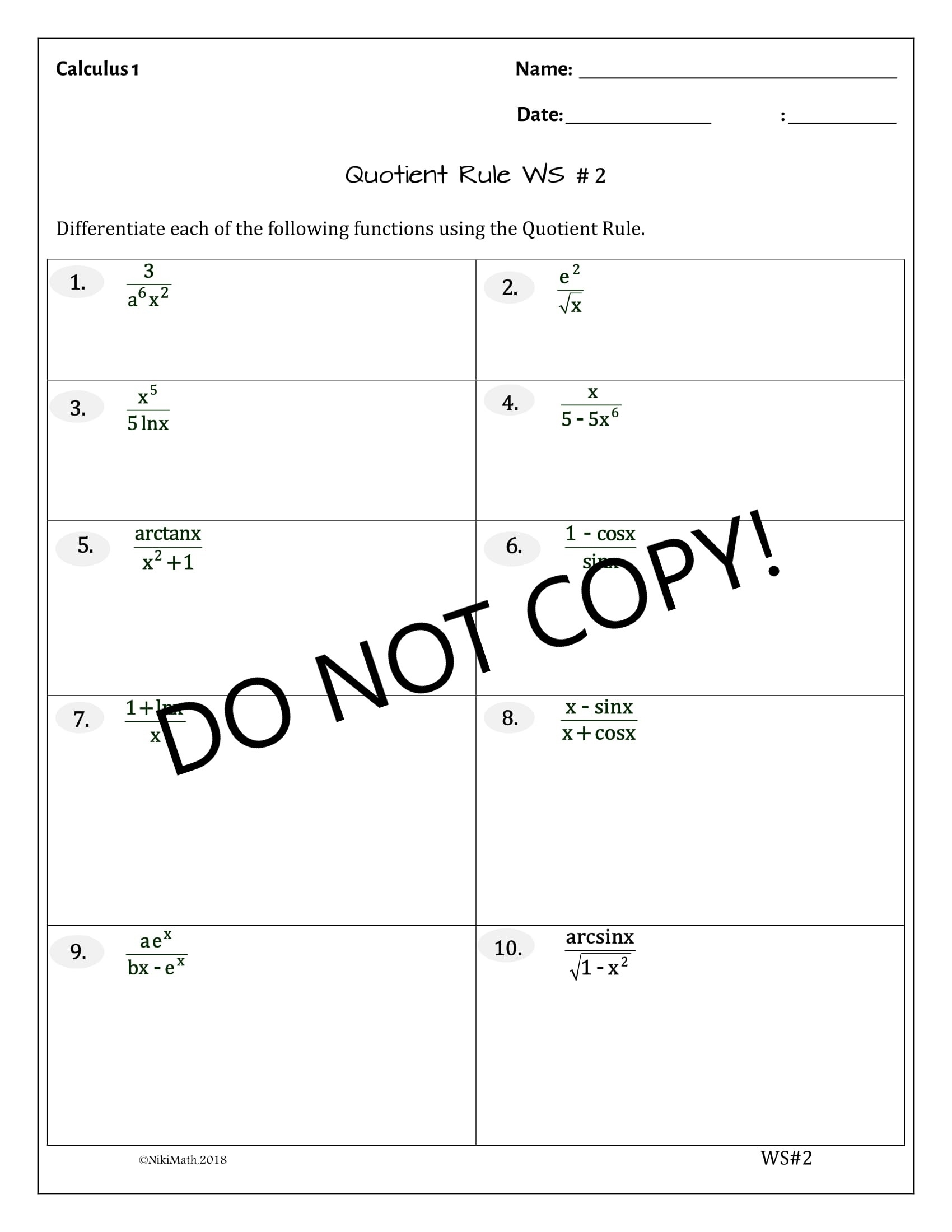Derivatives The PRODUCT QUOTIENT RULES 3 WS 32 Problems Teacher Professional Development