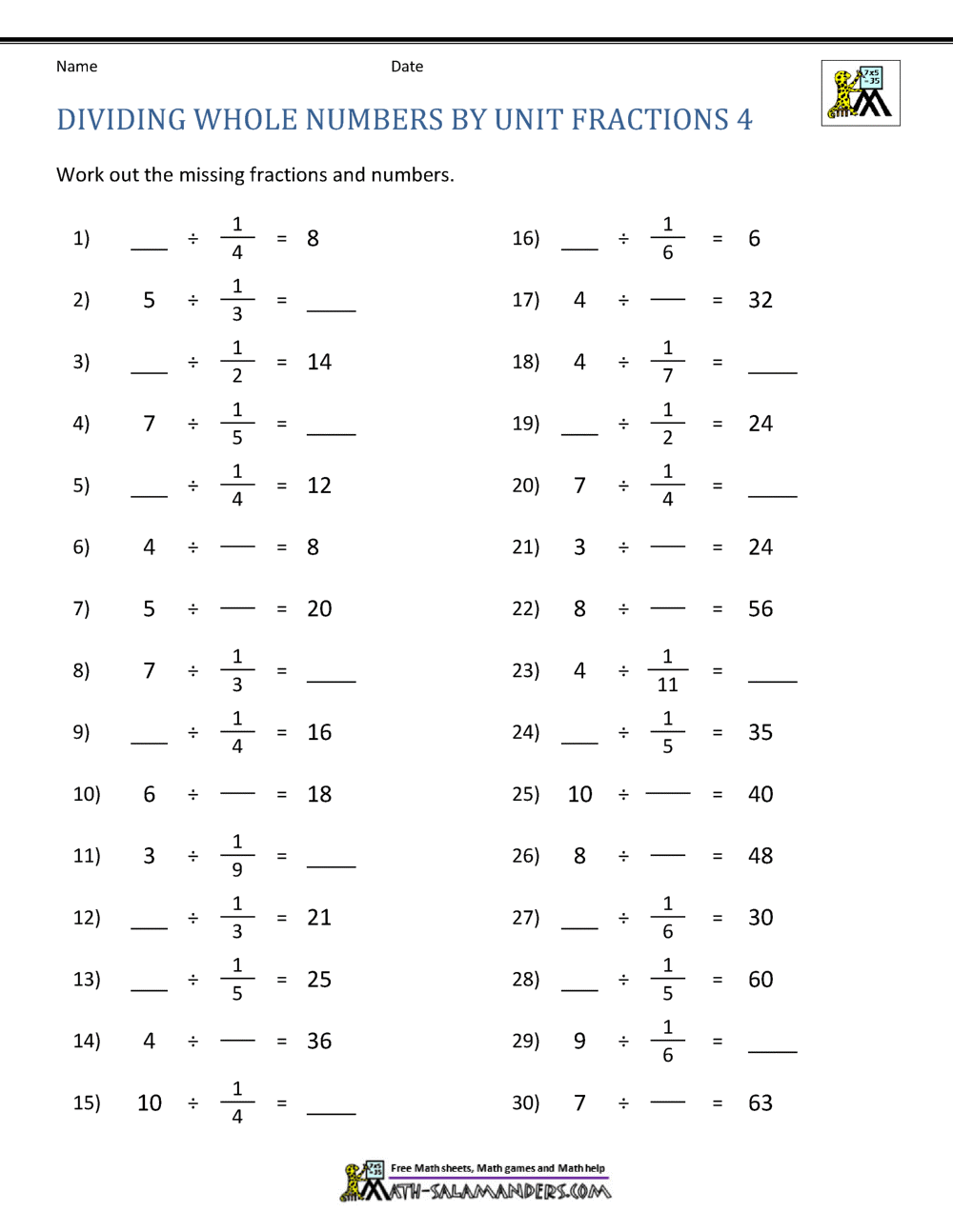 Divide Whole Numbers By Fractions